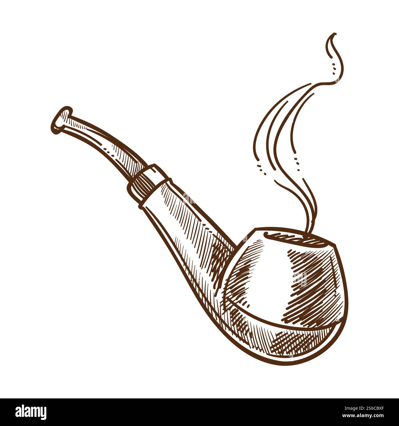 Prodotto del tabacco, tubo per fumo o strumento di legno con vettore di schizzo isolato dal fumo. Disegno retrò, abitudine dannosa, relax e inalazione, respirare nicotina. Tubo, accessorio vintage maschio in legno. Pipa da fumo o prodotto del tabacco con schizzo isolato dal fumo Illustrazione Vettoriale