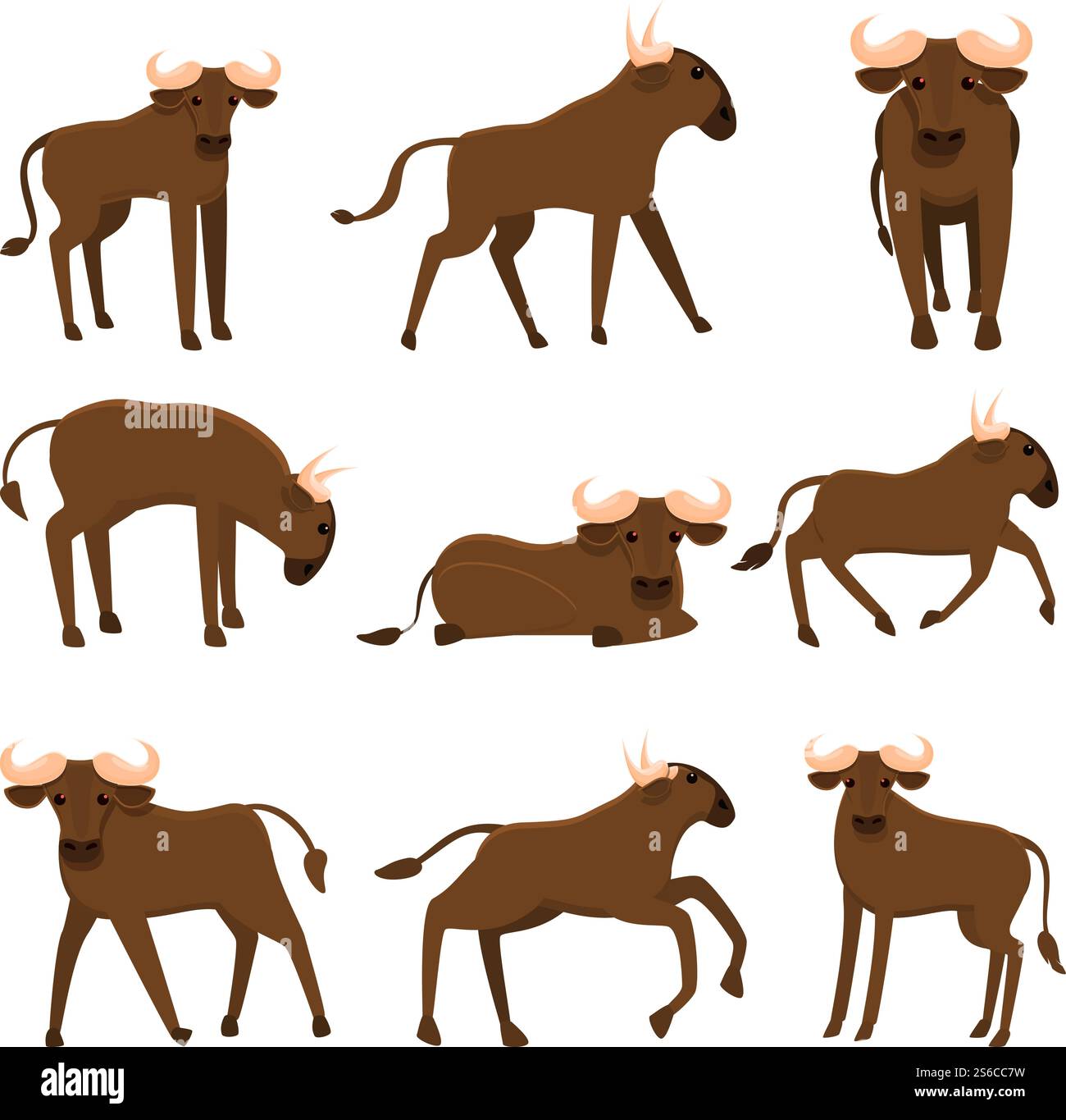 Set di icone GNU. Set di cartoni animati di icone vettoriali GNU per la progettazione Web. Set di icone degli GNU, stile cartoni animati Illustrazione Vettoriale