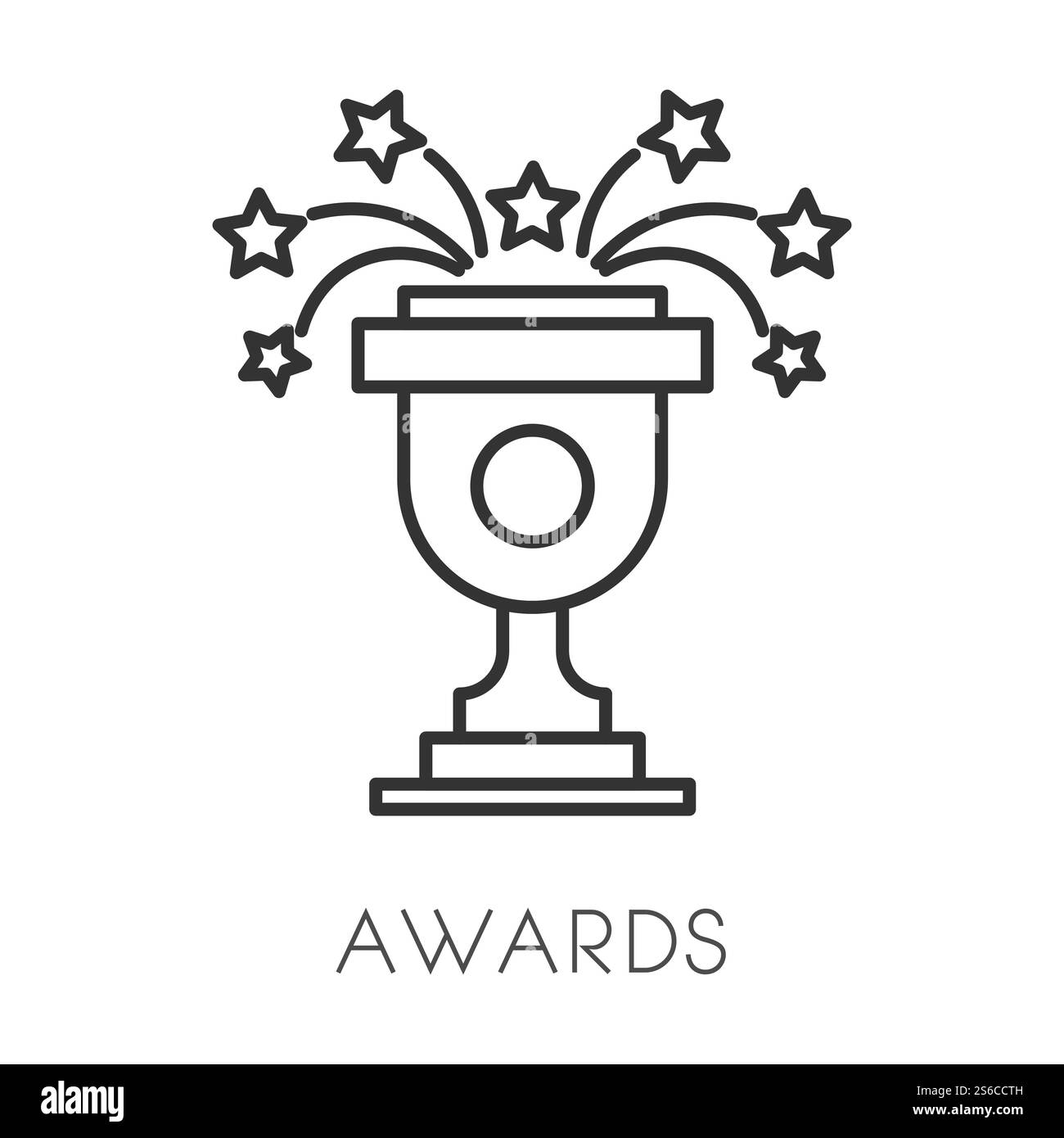 Premi o trofei per vincere in un torneo isolato con icone vettoriali lineari premio primo posto, fuochi d'artificio o stelle e calice. Premi eccezionali per il settore dello sport, della musica o del cinema. Trofeo o icona lineare isolata, vinci in concorso Illustrazione Vettoriale