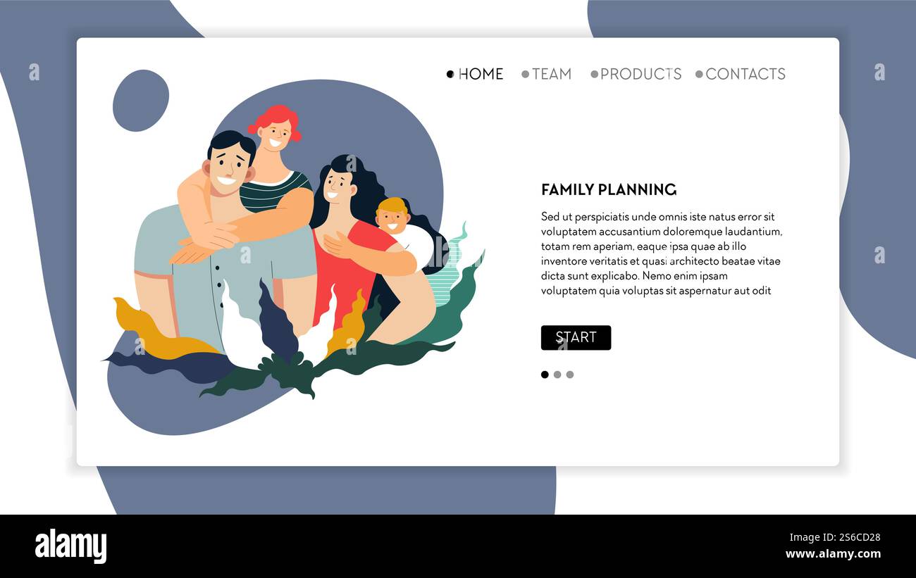Modello di pagina Web di destinazione per la pianificazione familiare, gestione del budget e vettore di sicurezza vitale. Genitori con figli, genitori e infanzia, bambini. Assicurazione medica, madre e padre, figlio e figlia. Pagina Web sulla sicurezza della vita, la pianificazione familiare e la gestione del budget Illustrazione Vettoriale