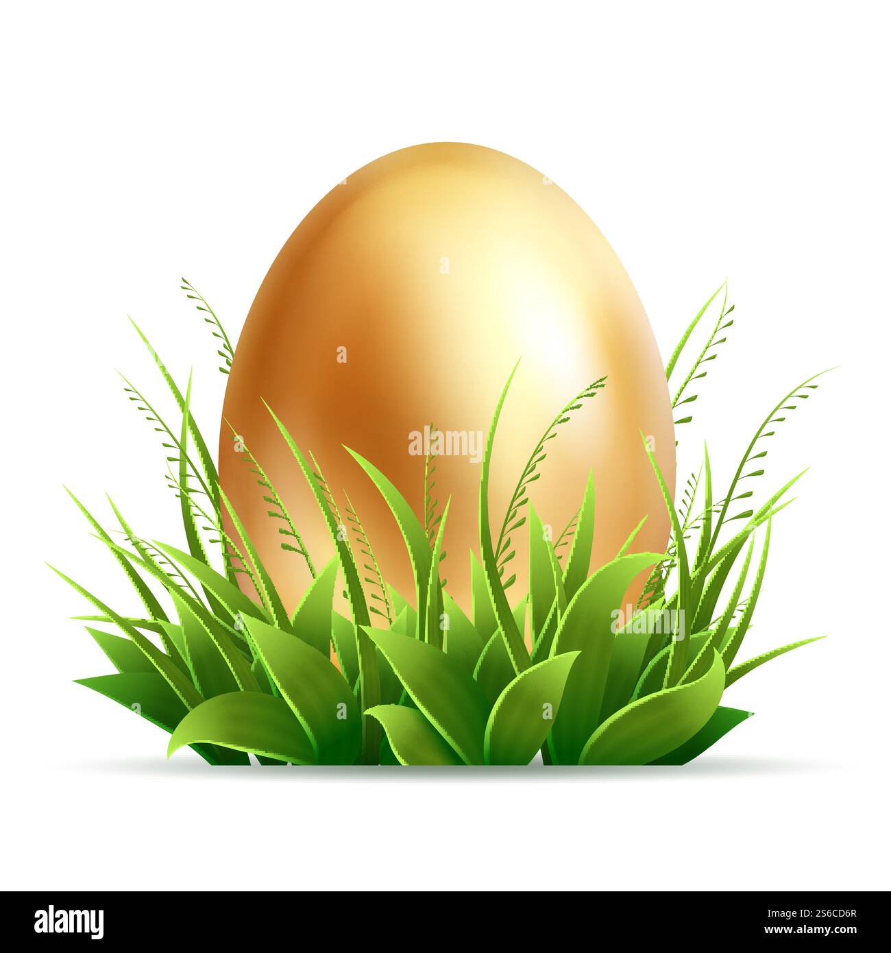 Uovo d'oro e erba verde realistici isolati su sfondo bianco - composizione vettoriale pasquale. Illustrazione dell'uovo di pasqua nell'erba verde. Uovo d'oro e erba verde realistici isolati su sfondo bianco - composizione vettoriale pasquale Illustrazione Vettoriale