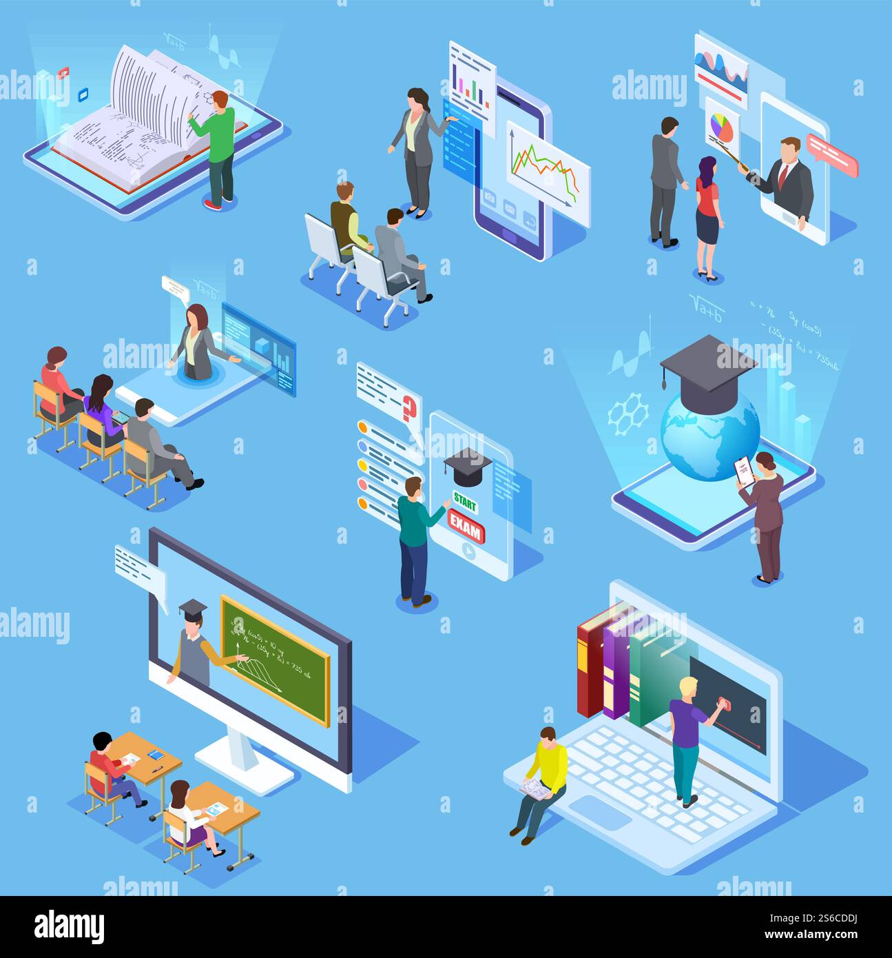 Formazione online delle persone. Studenti di biblioteca in classe virtuale, professori, smartphone di formazione per l'apprendimento. Insieme di vettori didattici. Formazione e formazione online, libreria web e illustrazione per insegnanti. Formazione online delle persone. Studenti di biblioteca in classe virtuale, professori, smartphone di formazione per l'apprendimento. Insieme di vettori didattici Illustrazione Vettoriale