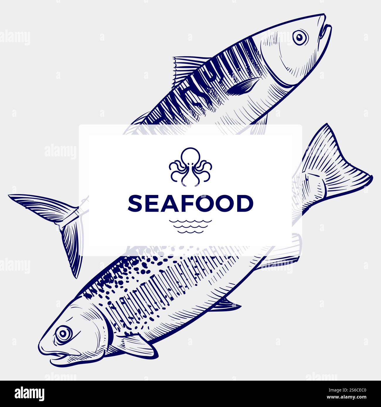 Ristorante di pesce o caffetteria, modello per striscioni vettoriali con pesce inciso a mano. Illustrazione del banner del menu del ristorante di pesce. Ristorante di pesce o caffetteria, modello per striscioni vettoriali con pesce inciso a mano Illustrazione Vettoriale