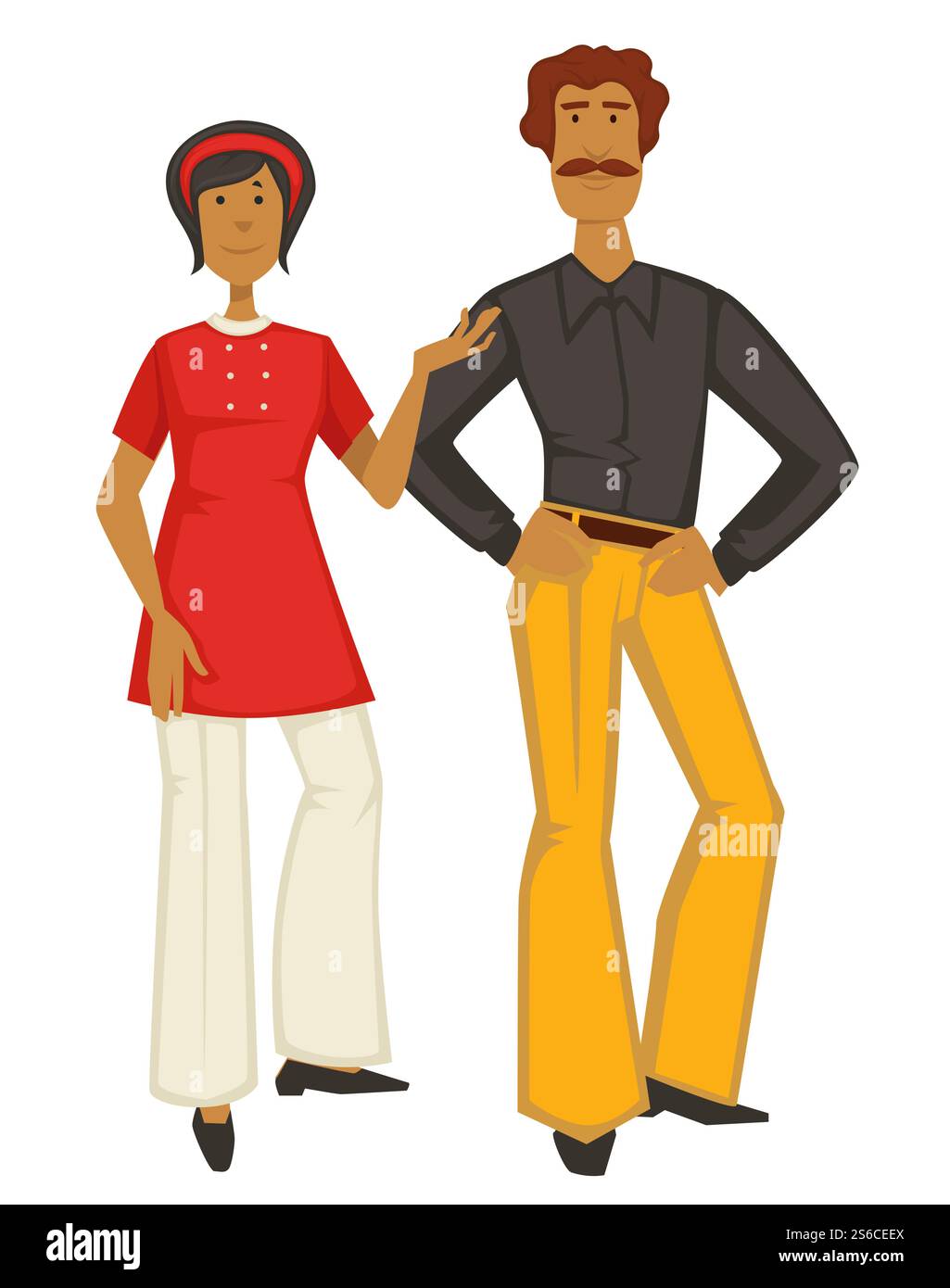 coppia anni '1970, uomo con baffi e donna con pantaloni hippie, vettore stile retrò anni '70. Personaggi femminili e maschili, abiti vintage, camicia e tunica. Abbigliamento di design e outfit vecchio stile. Coppia retrò, stile anni '70, uomo e donna in pantaloni Illustrazione Vettoriale