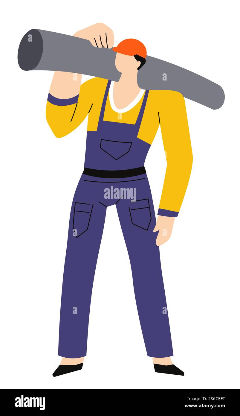 Lavori di costruzione e costruzione, uomo con balk o vettore di travi. Lavoratore in elmetto e tute che trasporta tubo o tubo sulla spalla. Uomo e materiale da costruzione, parte idraulica, carattere maschile isolato. Uomo in una barra di trasporto o in un baleno, in un tubo o in un tubo sulla spalla Illustrazione Vettoriale
