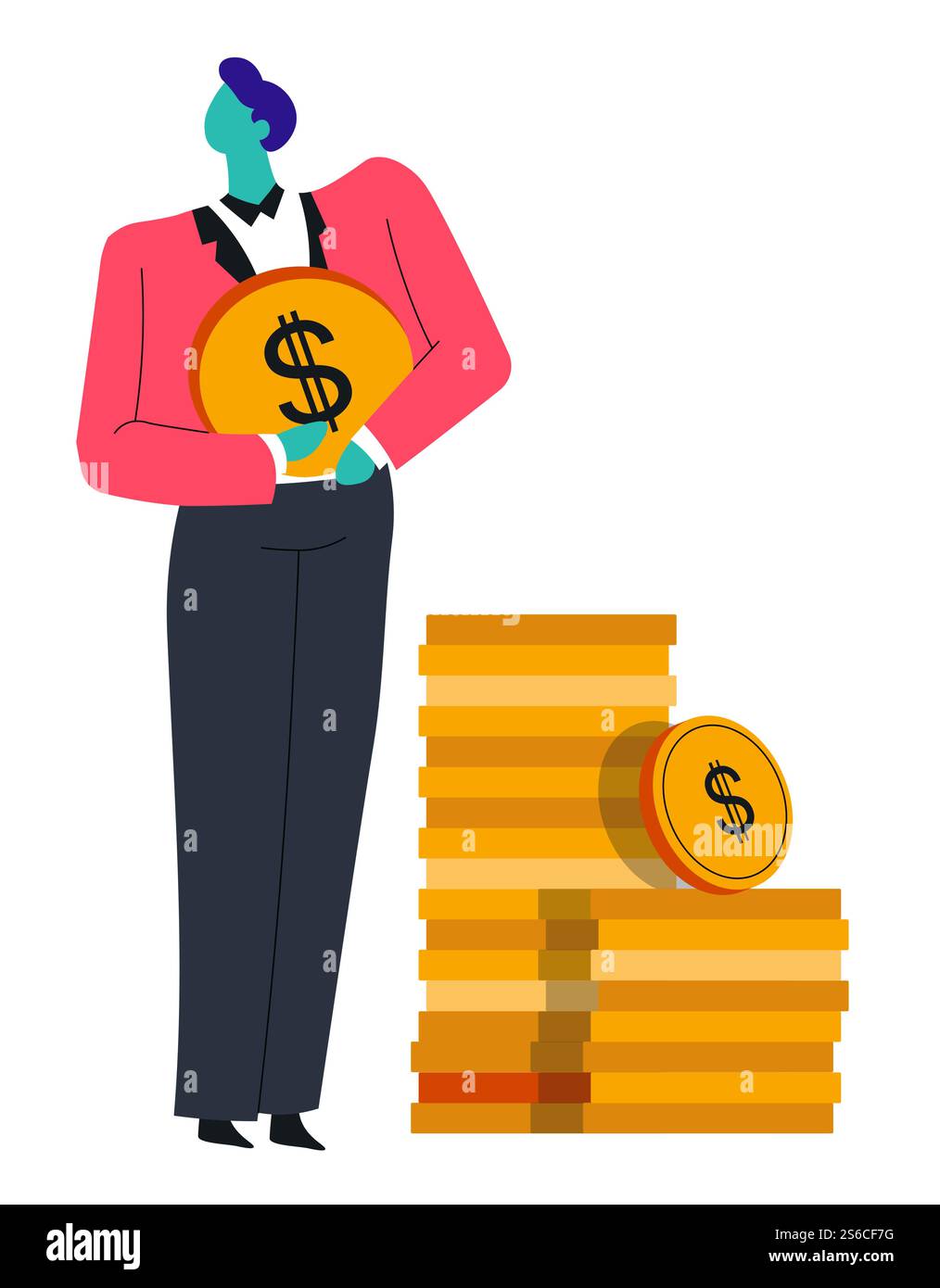 Finanza e banca, uomo d'affari e monete, vettore di caratteri isolato di profitto e denaro. Uomini in tuta, guadagnano e risparmiano. Imprenditorialità, stipendio e investimenti, economia e commercio. Uomo d'affari e monete, finanza e banca, carattere isolato Illustrazione Vettoriale