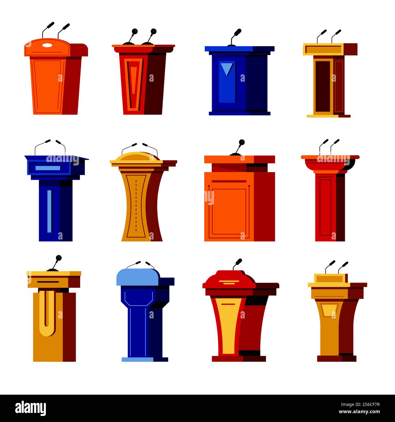 Palcoscenico o palco da dibattito, rostro con microfoni oggetti isolati vettoriali. Tribuna per presentazioni aziendali o conferenze. Apparecchiature ad alte prestazioni per speaker o politici, tavolo in legno con microfono. Tribune o dibattito podio, palco, rostrum con microfoni Illustrazione Vettoriale