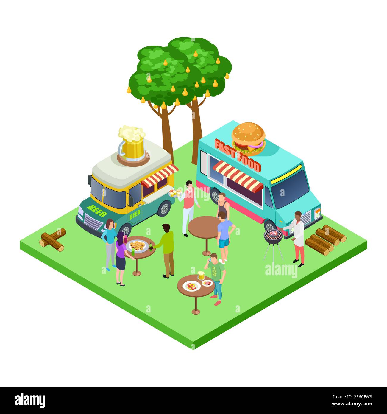 Caffè estivo, festa barbecue, picnic nel parco con vettore isometrico. Parco Isometric, festa barbecue, illustrazione estiva. Caffè estivo, festa barbecue, picnic nel parco con vettore isometrico Illustrazione Vettoriale