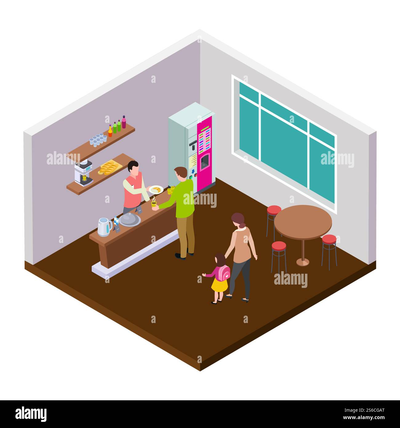 Piccolo caffè o negozio interno vettoriale isometrico. Illustrazione dell'interno del caffè, isometrica del bar. Piccolo caffè o negozio interno vettoriale isometrico Illustrazione Vettoriale