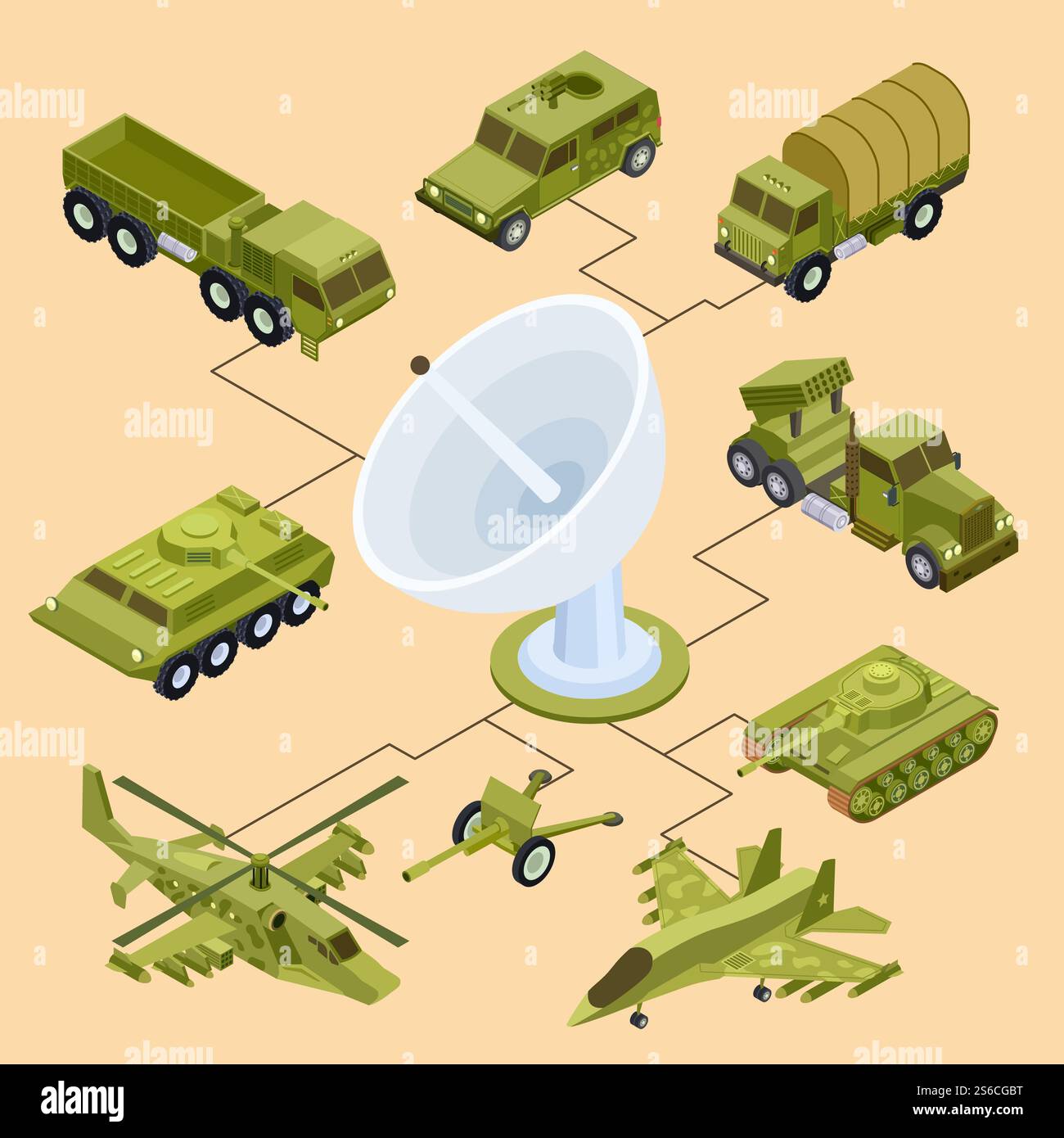 Controllo remoto di attrezzature militari, controllo satellitare concetto di vettore isometrico. Macchina militare isometrica, illustrazione dell'armatura automatica. Controllo remoto di attrezzature militari, controllo satellitare concetto di vettore isometrico Illustrazione Vettoriale