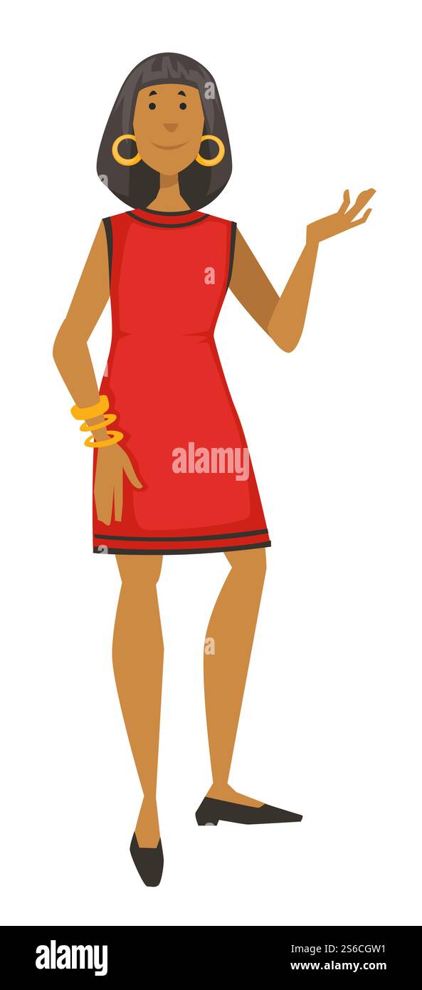 coppia anni '1960, donna in abito e gioielli d'oro, vettoriale stile moda anni '60. Personaggio femminile in abiti vintage, bracciali e orecchini, mocassini in pelle. Abbigliamento di design e outfit vecchio stile. Donna in abito e gioielli in oro, stile anni '60, outfit anni '1950 Illustrazione Vettoriale