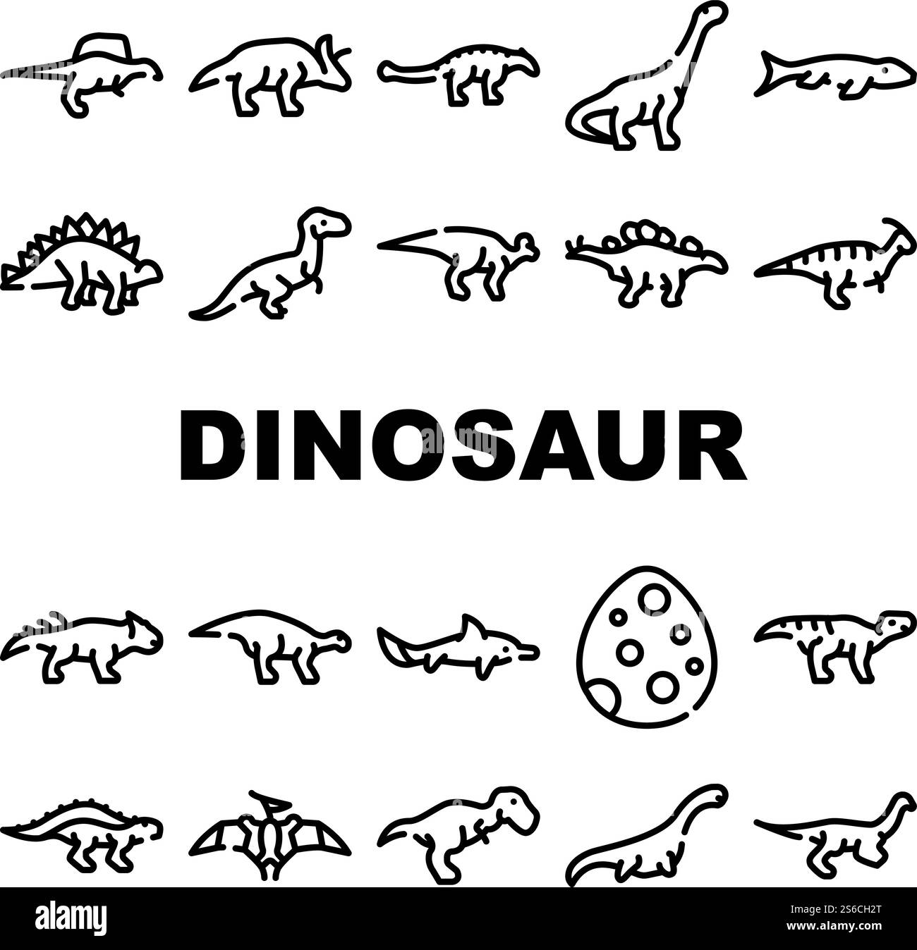 Le icone della collezione di animali selvatici di dinosauro Set Vector. Spinosaurus e Arrhinoceratops, Ankylosaurus e Mosasaurus concetto di dinosauro preistorico pittogrammi lineari. Illustrazioni dei contorni in nero. Le icone della collezione di animali selvatici di dinosauro Set Vector Illustrazione Vettoriale