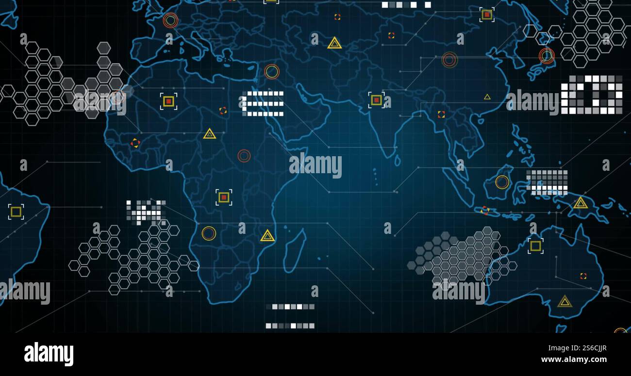 Immagine della rete di connessioni con elaborazione dati su una mappa mondiale su sfondo nero. Concetto di connessioni globali, tecnologia e interfaccia digitale Foto Stock