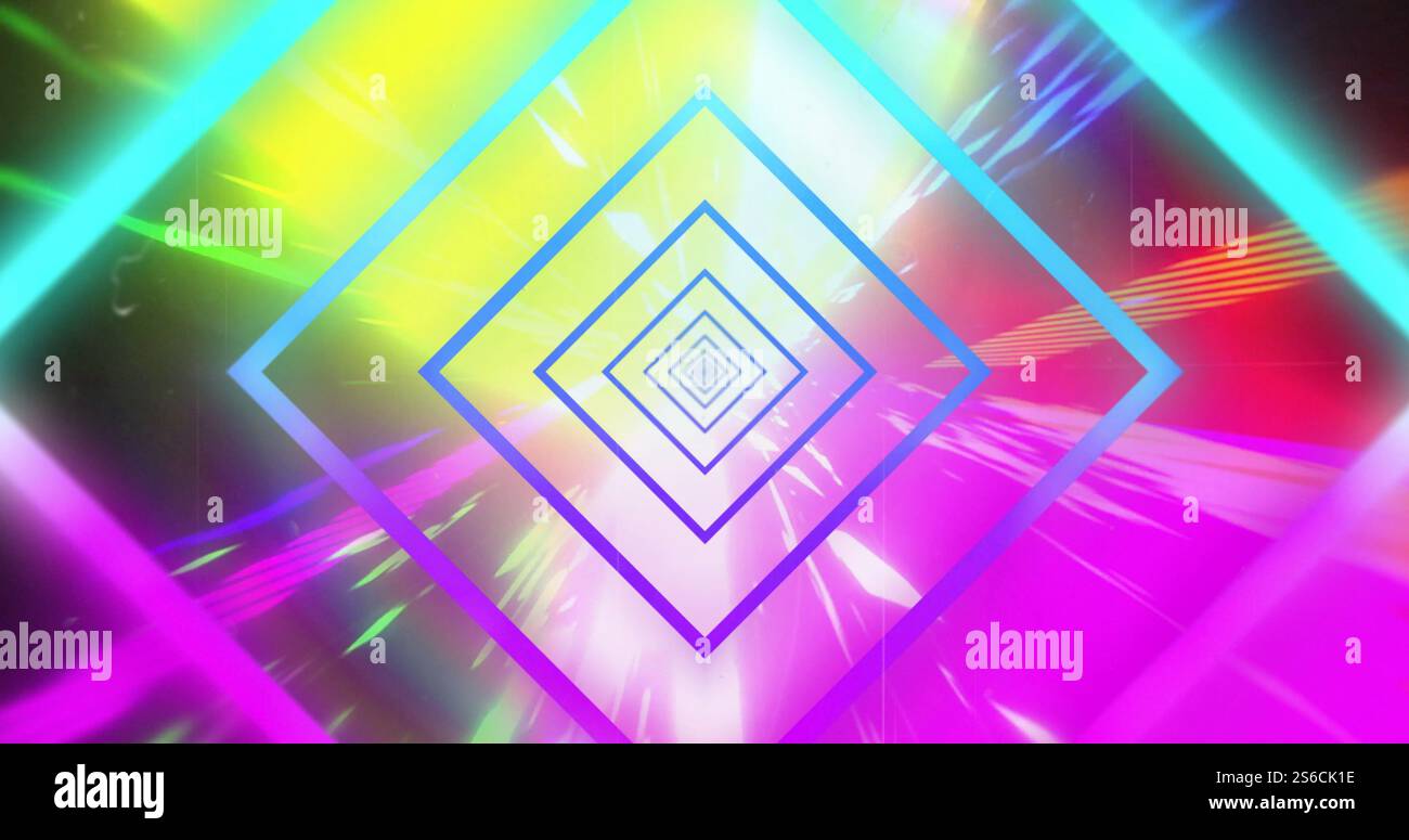 Immagine di diamanti al neon blu e viola concentrici su luci dai colori vivaci Foto Stock