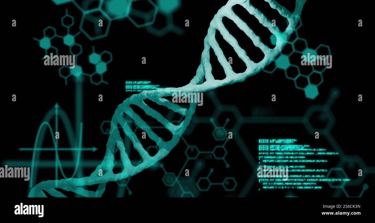 Immagine dell'elaborazione dei dati e della formula chimica sul filamento di dna Foto Stock