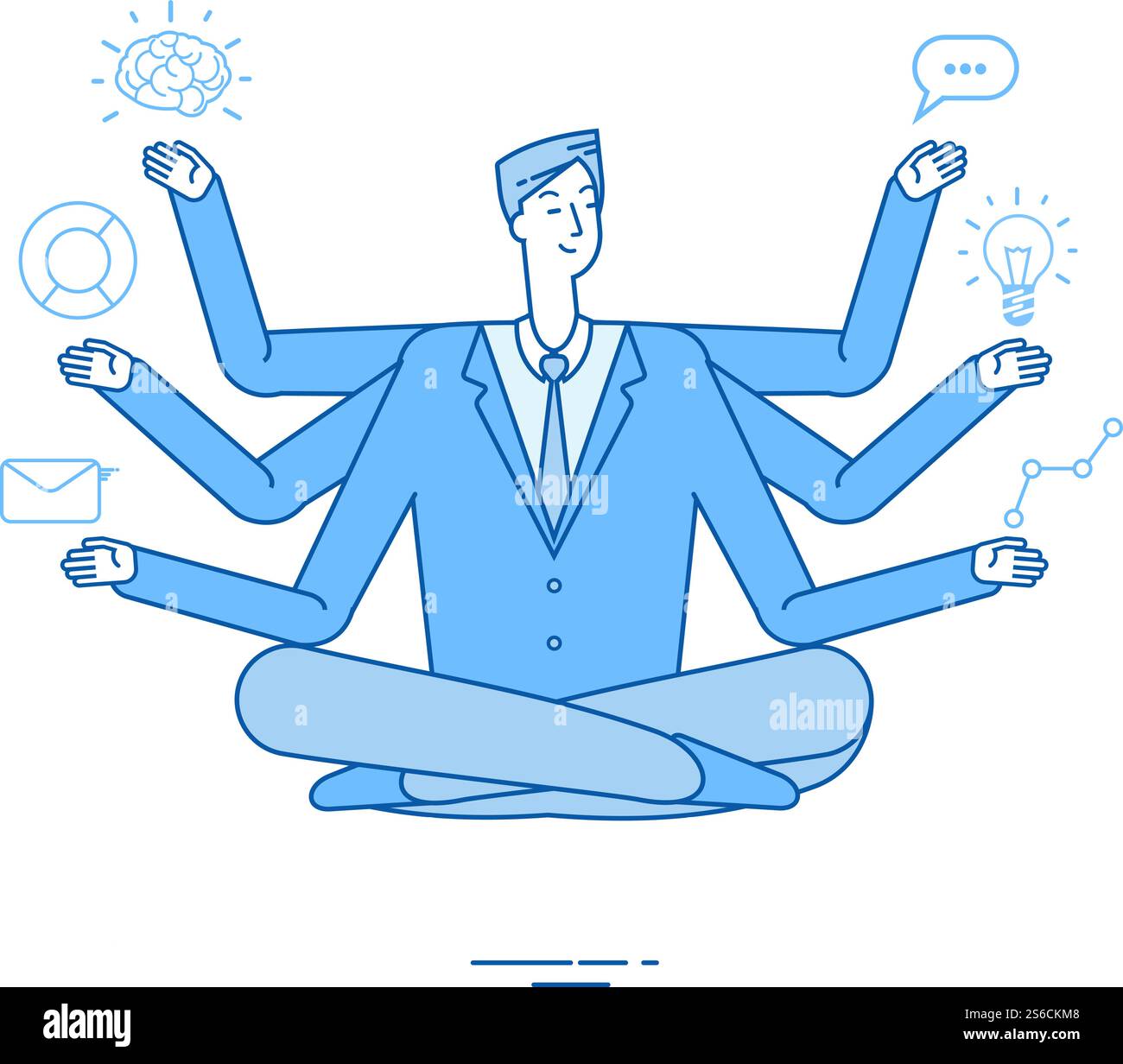 Uomo d'affari multitasking. Project manager seduto in rilassamento yoga loto posare pensando alle attività. Concetto di vettore di gestione efficace. Multitasking uomo d'affari yoga, illustrazione del personaggio del manager. Uomo d'affari multitasking. Project manager seduto in rilassamento yoga loto posare pensando alle attività. Concetto di vettore di gestione efficace Illustrazione Vettoriale