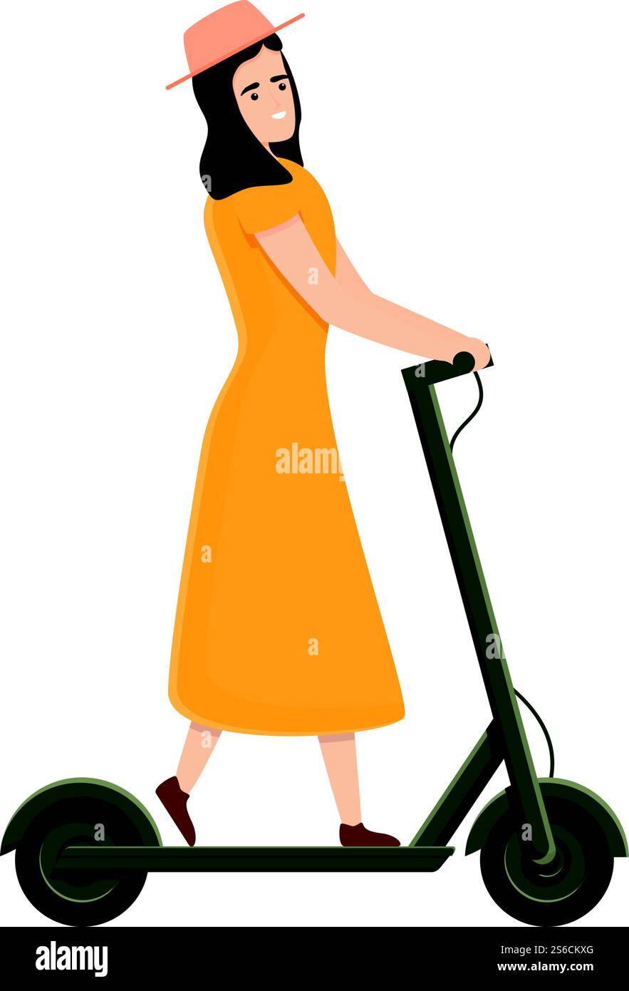 Icona scooter elettrico ragazza con cappello. Cartone animato di ragazza con cappello scooter elettrico icona vettoriale per il web design isolato su sfondo bianco. Ragazza con cappello icona scooter elettrico, stile cartoni animati Illustrazione Vettoriale