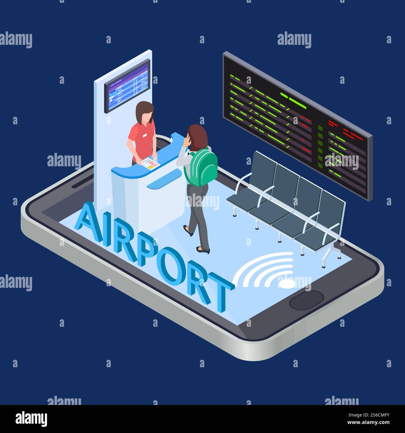 Servizio di check-in online, concetto vettoriale isometrico dell'app mobile per la registrazione remota. Illustrazione del servizio online sull'app mobile, registrazione del volo. Servizio di check-in online, concetto vettoriale isometrico dell'app mobile per la registrazione remota Illustrazione Vettoriale