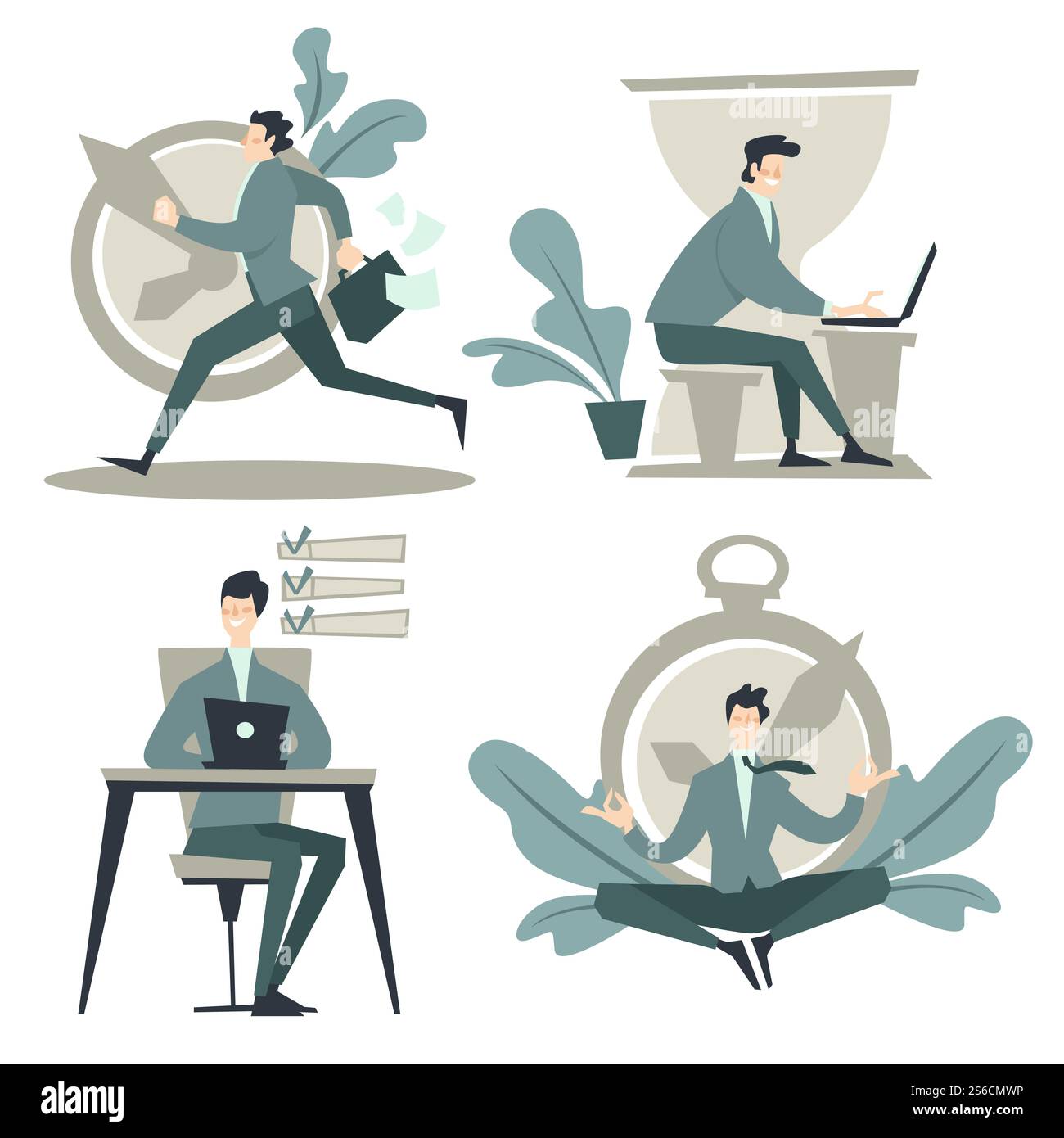 Gestione del tempo, uomo d'affari che lavora in ufficio, orologio o timer e clessidra, vettore di icone isolate. Pianificazione o controllo, business efficiente e di successo. Uomo con un portatile, che si affretta e meditazione. Uomo d'affari e gestione del tempo, pianificazione e pianificazione del lavoro, icone isolate Illustrazione Vettoriale