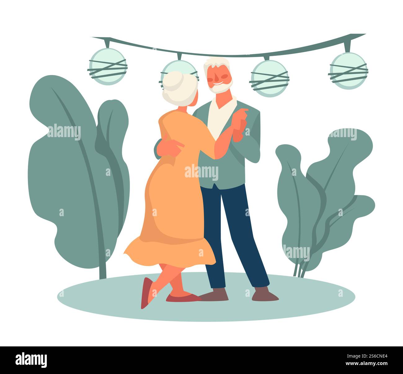 Coppia di anziani che ballano alla festa all'aria aperta, nonno e nonna nel parco vettoriale. Nonni in pensione felice, anziani che si divertono. Vecchi personaggi innamorati in un appuntamento romantico all'aperto. Nonna e nonno che ballano nel parco, buon pensionamento, appuntamento Illustrazione Vettoriale