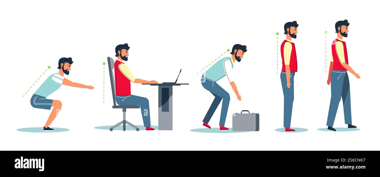 Corretto posizionamento alla scrivania, consigli sulla postura e sull'ergonomia per i lavoratori in ufficio, vettore di caratteri isolati. Uomo che usa il computer, si siede e cammina. Carattere maschile con colonna vertebrale sana, fitness e lavoro. Postura e colonna vertebrale sana, corretta seduta alla scrivania, consigli ergonomici Illustrazione Vettoriale