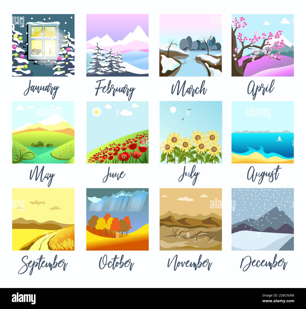 Calendario mensile con paesaggi naturali, quattro stagioni icone isolate vettoriali. Inverno e autunno, primavera ed estate, neve o pioggia e sole. Fioriscono gelate e fiori, foglie asciutte e calore. Paesaggi naturali, quattro stagioni mesi calendario icone isolate Illustrazione Vettoriale