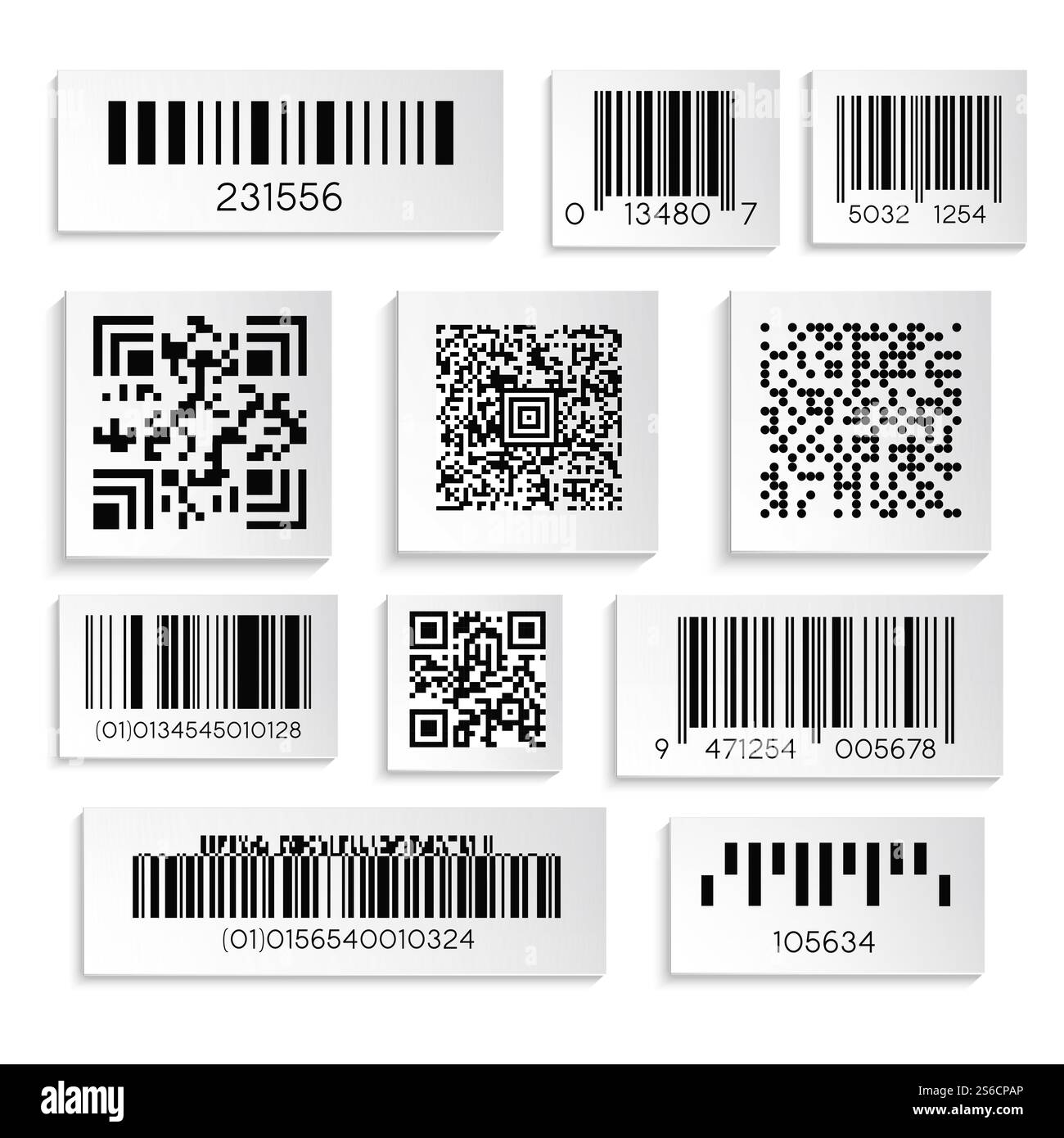 Adesivo dei prodotti con codice cifrato o numero di serie o codici a barre icone isolate vettoriali. Codice di scansione del supermercato, codici a barre e qr, elemento del tag del prezzo. Etichette nere e nascondono informazioni o dati industriali. Icone isolate del codice a barre o del numero di serie, codifica qr Illustrazione Vettoriale