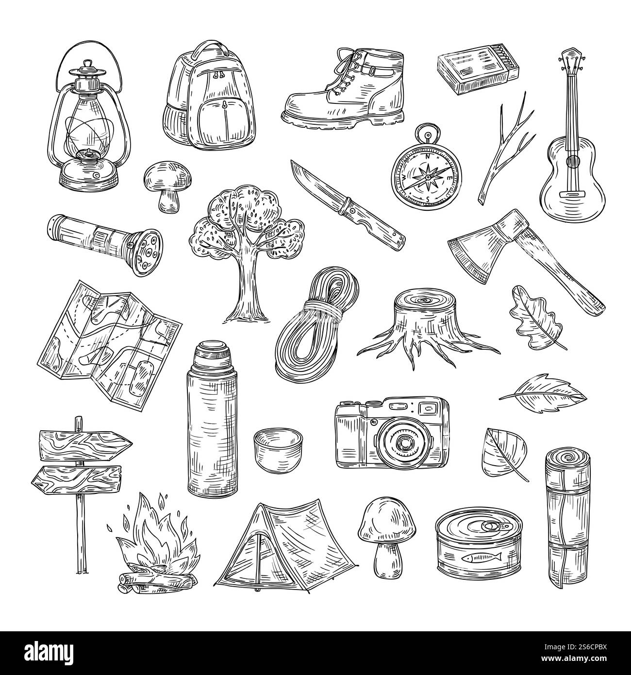 Doodle campeggio. Campeggio escursionistico, scout in legno naturale, avventura estiva, disegna le icone vettoriali. Illustrazione del turismo escursionistico, elementi della spedizione di viaggio. Doodle campeggio. Campeggio escursionistico, scout in legno naturale, avventura estiva, disegna le icone vettoriali Illustrazione Vettoriale