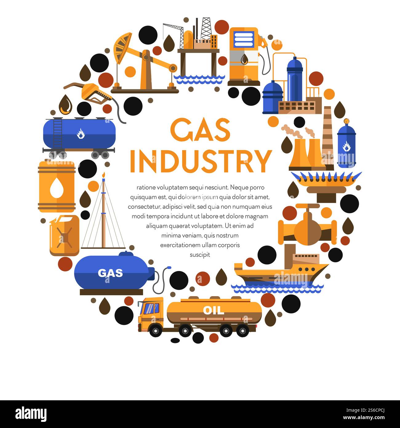 Gas e petrolio combustibile, fabbrica o impianto, stazione e galloni isolato vettore icona. Autocarro e nave, canna e macchina mineraria, gru e piano cottura. Produzione e spedizione di petrolio, torre di estrazione o derrick. Icona, fabbrica o impianto isolato nell'industria petrolifera e del gas Illustrazione Vettoriale