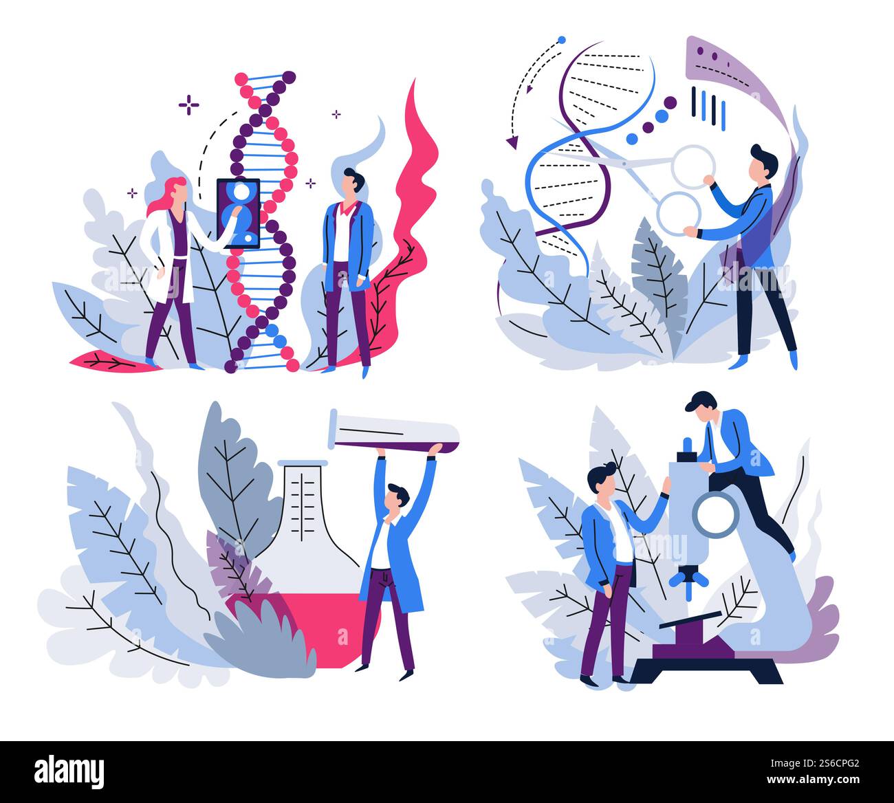 Scienze genetiche, ricerca sul DNA e test di laboratorio, vettori di icone isolate. Medici e esperimenti di laboratorio, medicina e tecnologia, test genetici. Biochimica, scienziati con matracci e microscopio. Ricerca del DNA, scienza genetica e test di laboratorio, icone isolate Illustrazione Vettoriale