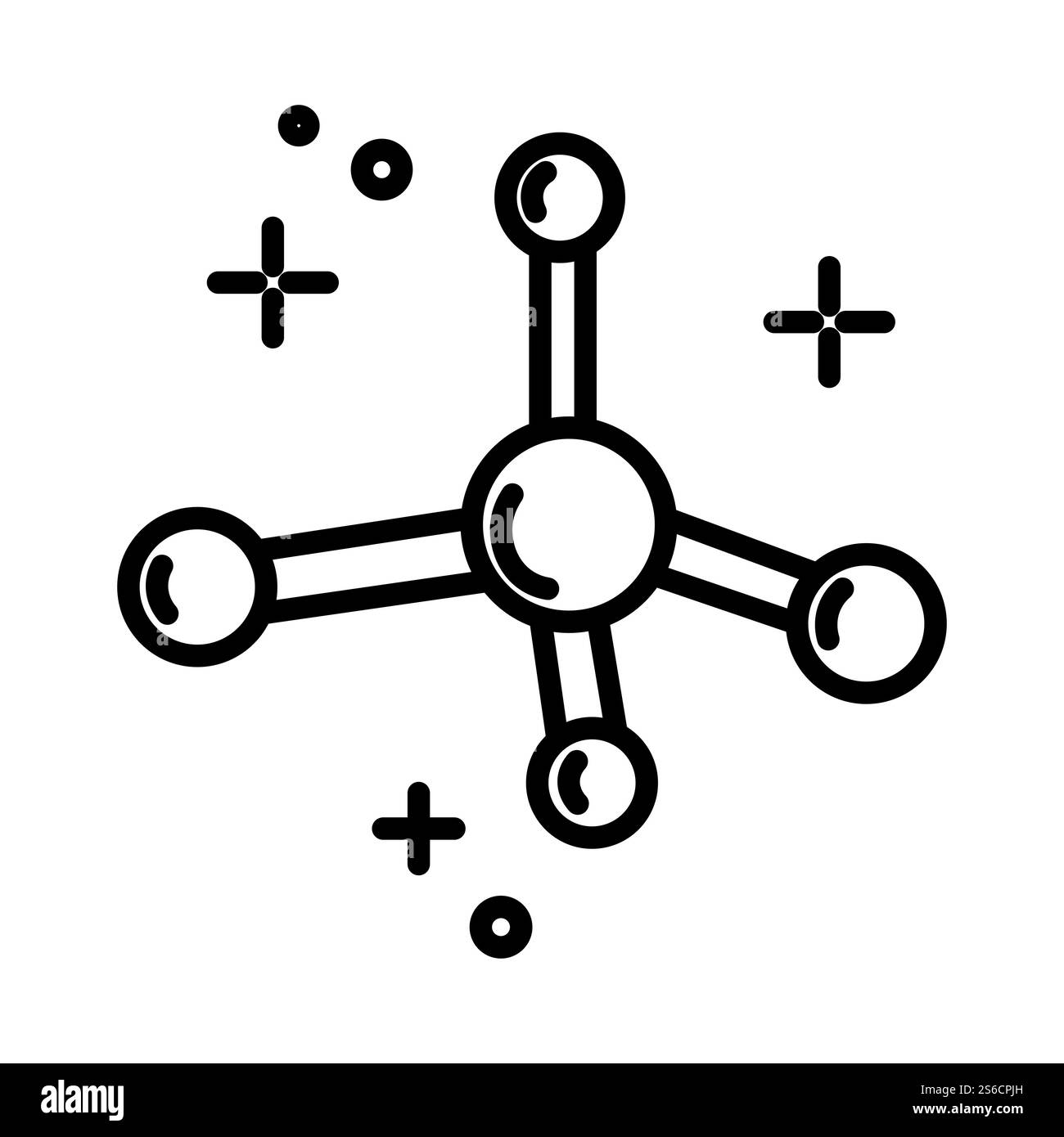 Icona di linea isolata del modello molecolare, struttura molecolare, vettore di scienza chimica. Medicina e farmacologia, elemento chimico o cellula. Fisica, neutroni o protoni, simbolo del profilo microbiologico. Scienza chimica, modello molecolare icona linea isolata, struttura molecolare Illustrazione Vettoriale