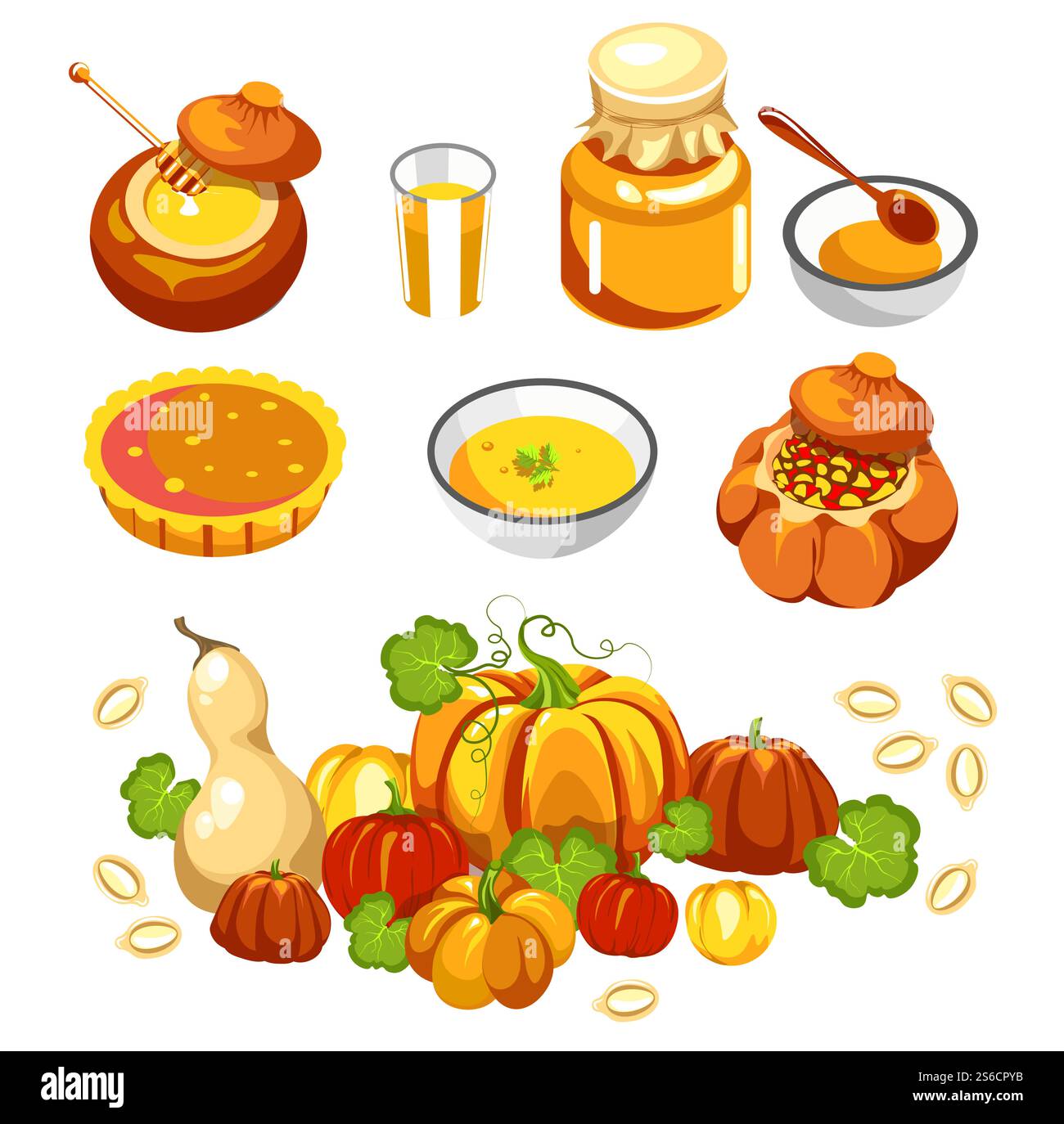 Piatti di zucca, cibo tradizionale del Ringraziamento, verdure autunnali e cucina, icone vettoriali isolate. Pasti natalizi, zuppa e succo di frutta, marmellata e torta, purea e stufato arrosto. Prodotti agricoli biologici da giardino. Cibo natalizio per il giorno del Ringraziamento, piatti di zucca icone isolate Illustrazione Vettoriale