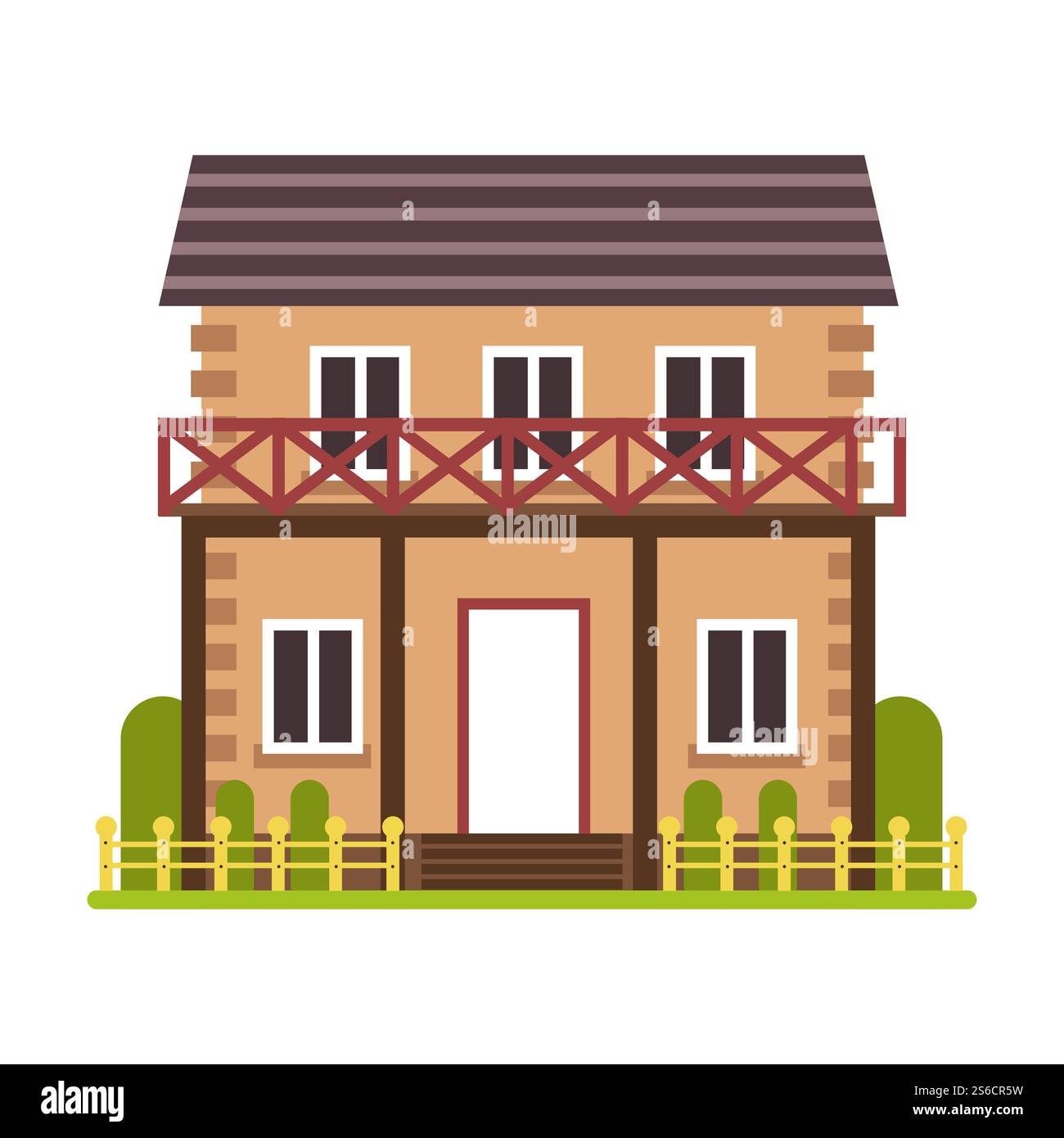 Casa o villa privata, immobili, edifici residenziali, Icon Vector isolato. Cottage o costruzione suburbana, casa di campagna con recinzione. Hotel, esterno con scale e porte, abitazione cittadina. Casa di campagna o cottage, edificio residenziale icona isolata Illustrazione Vettoriale