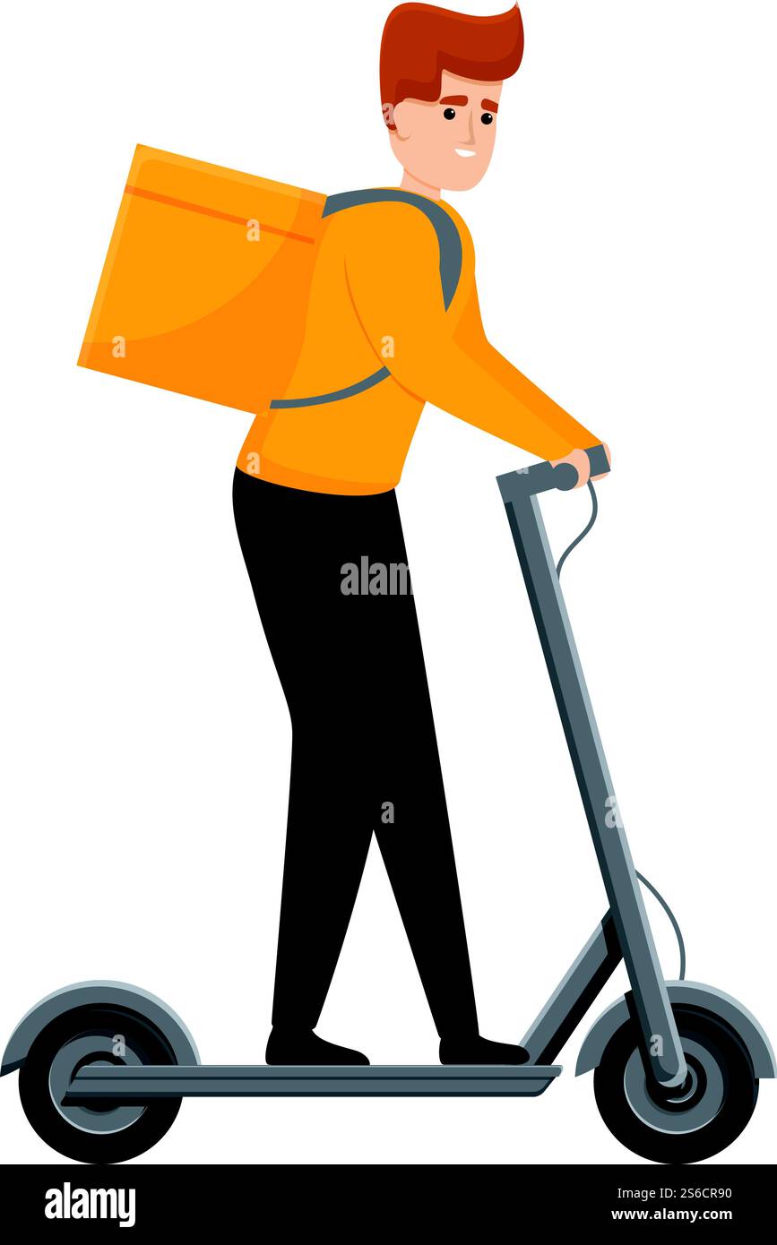 Icona dello scooter elettrico per la consegna del cibo. Cartoni animati dell'icona vettoriale dello scooter elettrico per la consegna di alimenti per il web design isolato su sfondo bianco. Icona dello scooter elettrico per la consegna del cibo, stile dei cartoni animati Illustrazione Vettoriale