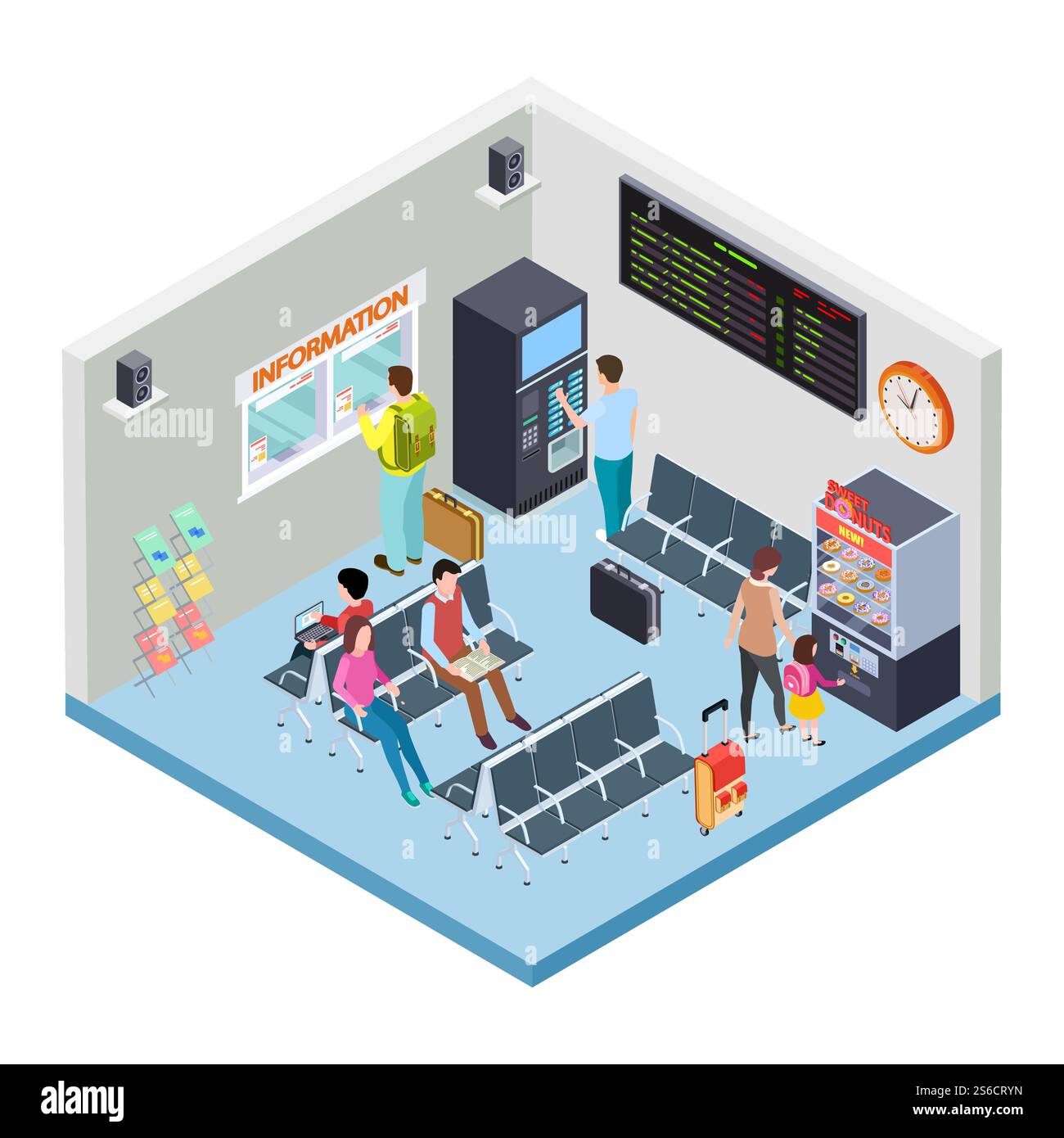 Concetto di vettore isometrico della stazione ferroviaria, degli autobus o dell'area di attesa dell'aeroporto. Illustrazione della stazione aeroportuale, sala lounge del terminal ferroviario con orario. Concetto di vettore isometrico della stazione ferroviaria, degli autobus o dell'area di attesa dell'aeroporto Illustrazione Vettoriale