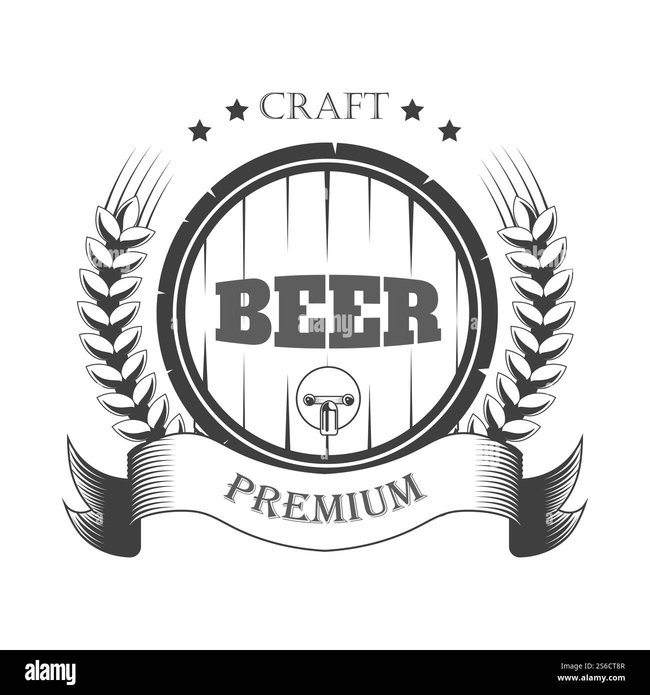 Birreria artigianale, birreria pub icona isolata, botte di legno, vettore di bevande alcoliche biologiche. Ingredienti per il luppolo e l'orzo, emblema o logo della ricetta originale. Produzione di bevande naturali, preparazione di bevande rinfrescanti. Birreria, birreria artigianale isolata, botte e orzo Illustrazione Vettoriale