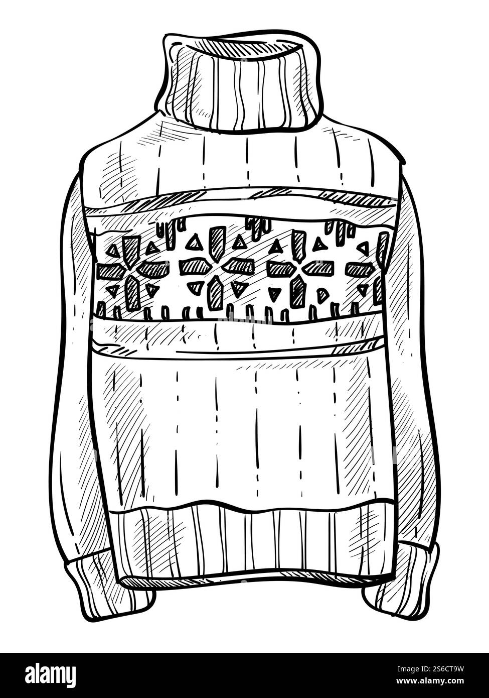 Abiti invernali con motivi natalizi, maglieria ornamentale scandinava, vettore di schizzi isolato. Maglione lavorato a maglia con fiocchi di neve, abbigliamento disegnato a mano. Disegno a matita di indumenti in lana calda. Maglione natalizio, schizzo isolato maglieria, ornamento scandinavo Illustrazione Vettoriale