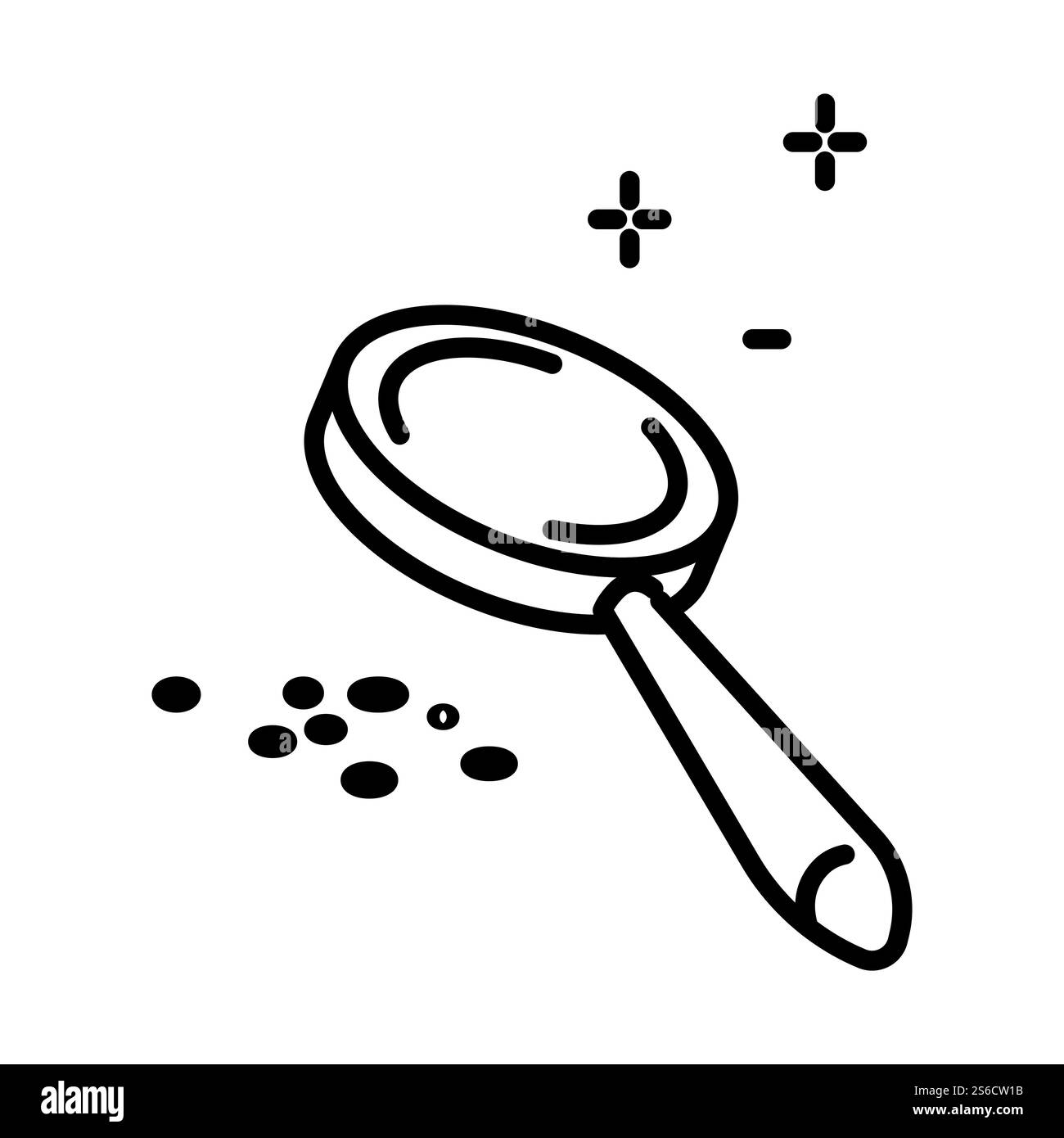 Pulizia di punti neri o acne, problemi cosmetici e lente d'ingrandimento, vettore di icone a linea isolata. Punti e lente di ingrandimento, pulizia della pelle del viso e cosmetologia, lente. Cura della pelle e trattamento cosmetico. Icona di linea isolata in vetro nero o acne e lente d'ingrandimento Illustrazione Vettoriale