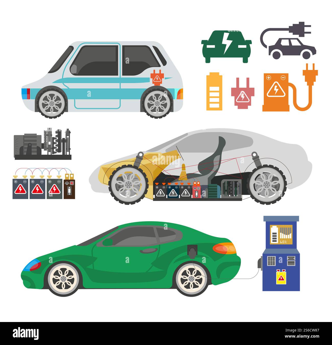 Stazione di ricarica per auto elettriche, meccanismo interno per elettroauto, vettore di icone isolate per auto ecologiche. Dettagli ecologici del veicolo, caricabatterie e batteria, trasporto futuristico. Tecnologia automobilistica moderna, ecologia. Electrocar e stazione di ricarica, meccanismo interno per auto elettriche Illustrazione Vettoriale
