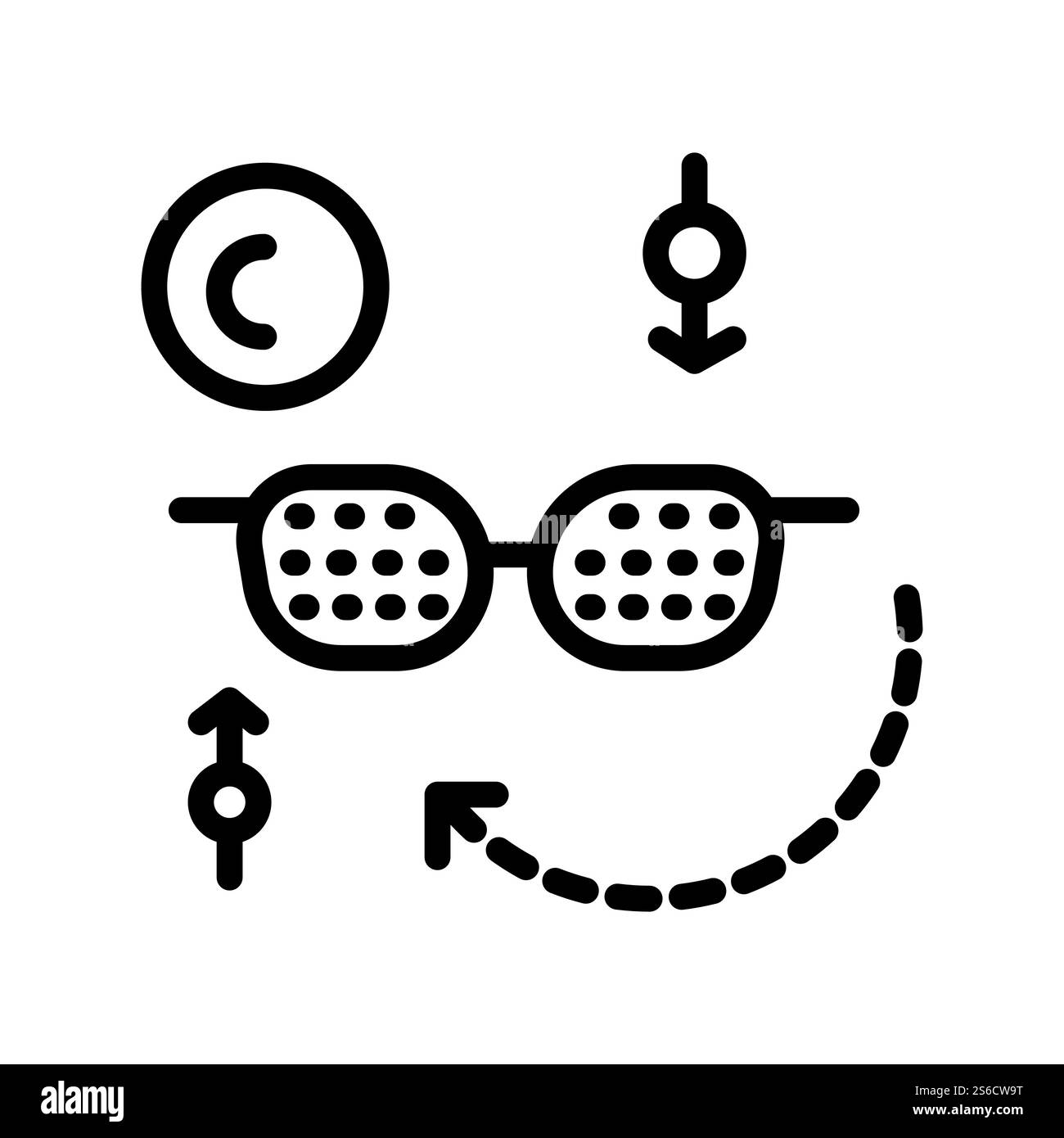 Occhiali Pinhole, occhiali stenopeici, occhiali medici con fori linea isolata icona vettore. Occhiali da allenamento, correzione della vista e della vista, trattamento degli occhi. Oftalmologia e occhiali correttivi. Occhiali medici, occhiali da pinhole icona lineare isolata Illustrazione Vettoriale