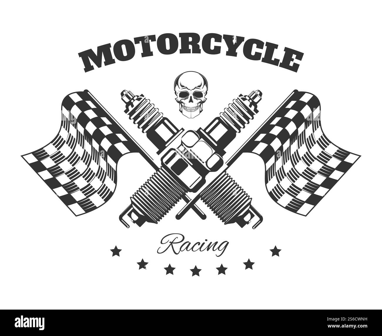 Club di corse motociclistiche, comunità di motociclisti isolata, Icon Vector. Teschio e bandiera a scacchi, candele, ricambi auto e sport motociclistici estremi. Gara ciclistica e riparazione, autostrada e turismo. Icona isolata del club motociclistico, corse motociclistiche, candele Illustrazione Vettoriale
