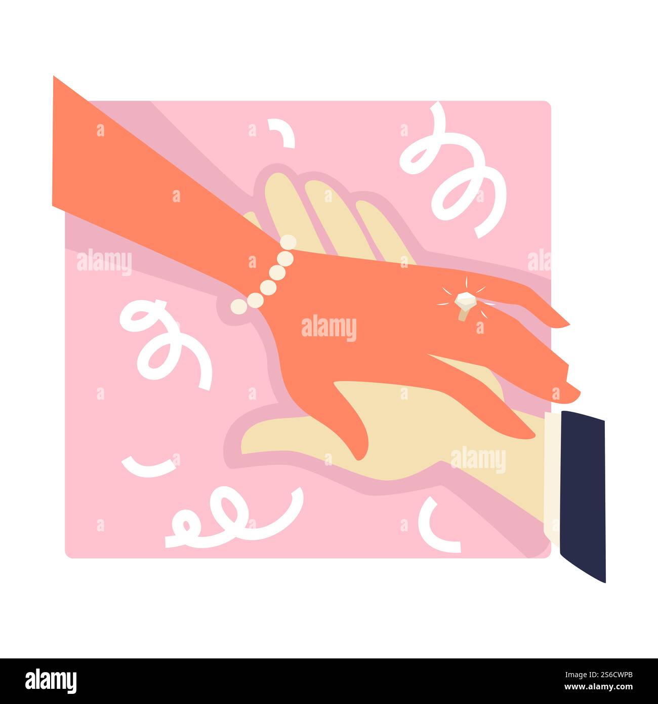 Proposta e ingaggio, mano maschio che tiene il vettore di icone isolato femmina. Anello con pietre preziose sul dito e sul bracciale perla delle donne, gioielli. Matrimonio, sposa e sposo, coppia felice, tradizioni di famiglia. Impegno o proposta, mani maschili e femminili, anelli o gioielli Illustrazione Vettoriale