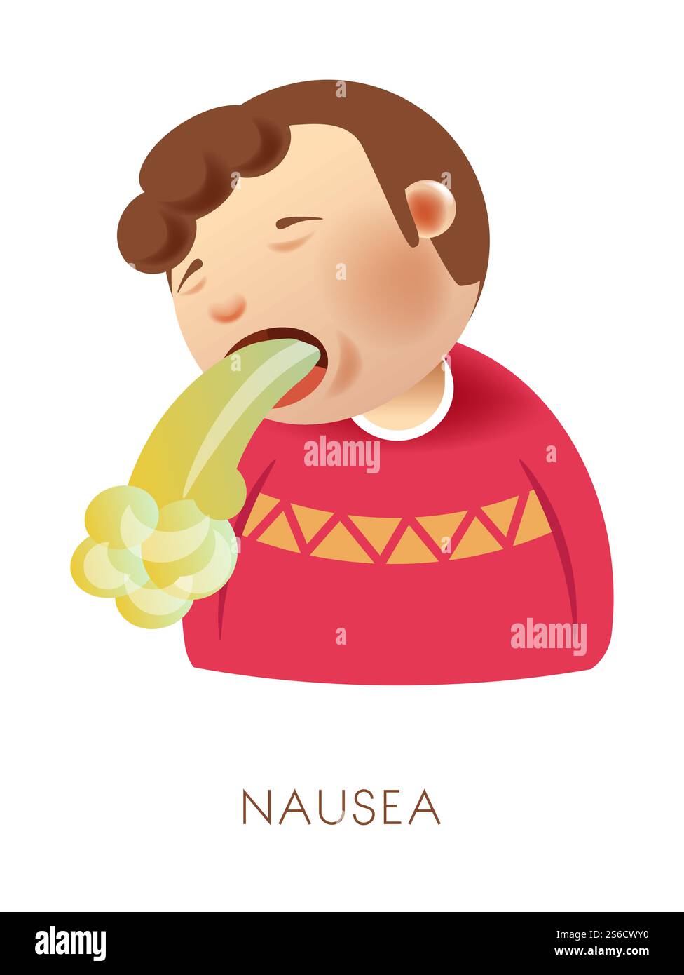 Nausea o vomito, disturbo della funzionalità dello stomaco, vettore isolato del bambino. Puking ragazzo, medicina e assistenza sanitaria, bambino vomitare, malattia e disfunzione metabolica. Retching di carattere, infezione da rotavirus. Disturbo dello stomaco, nausea o vomito, bambino isolato con malattia Illustrazione Vettoriale