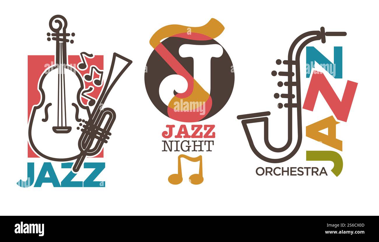 Set di logo Jazz, genere musicale. Sax, sassofono, tromba in ottone, contrabbasso con strumenti per chitarra, icone lineari, sagoma di note musicali, logotipo colorato. Illustrazione del vettore grafico su sfondo bianco. Set di logo Jazz con icone di sassofono e contrabbasso Illustrazione Vettoriale