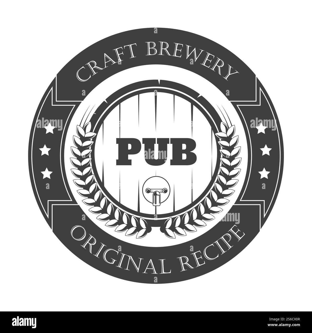 Birreria artigianale, birreria pub icona isolata, botte di legno, vettore di bevande alcoliche biologiche. Ingredienti per il luppolo e l'orzo, emblema o logo della ricetta originale. Produzione di bevande naturali, preparazione di bevande rinfrescanti. Birreria icona isolata, birreria artigianale, botte di legno Illustrazione Vettoriale