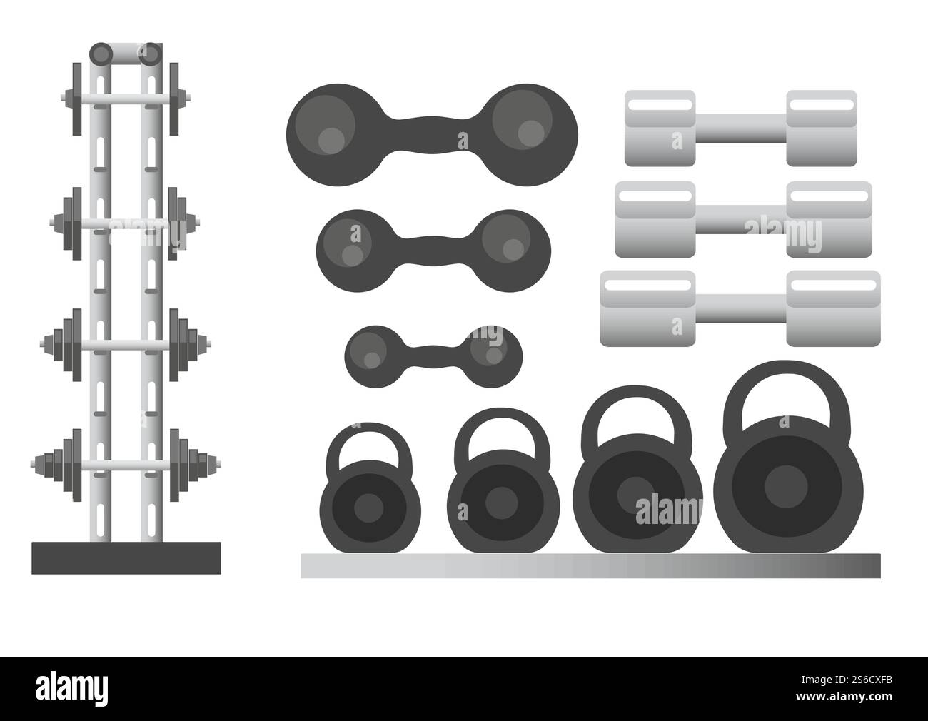 Attrezzature sportive per palestra e fitness isolate icone vettoriali. Attrezzi per l'allenamento e l'allenamento, con barbells e kettlebell, articoli sportivi. Sollevamento pesi e muscoli pompano, body building. Palestra e fitness, attrezzature sportive, pesi e barbells o kettlebells Illustrazione Vettoriale