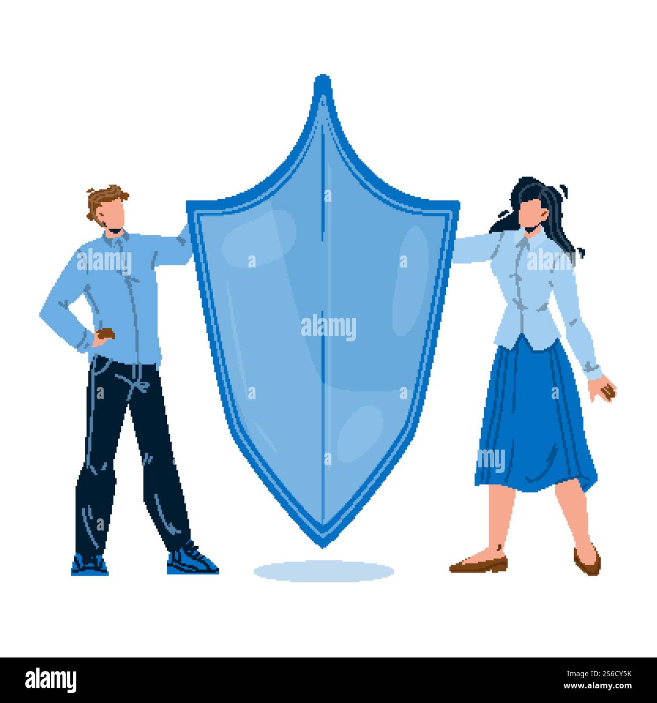 Creazione del marchio, marchio o vettore del nome del prodotto. Designer di uomini e donne con scudo protettivo per Creative Brand Build. Illustrazione di fumetti Flat Cartoon, uomo d'affari e donna d'affari. Creazione del marchio, marchio o vettore del nome del prodotto Illustrazione Vettoriale
