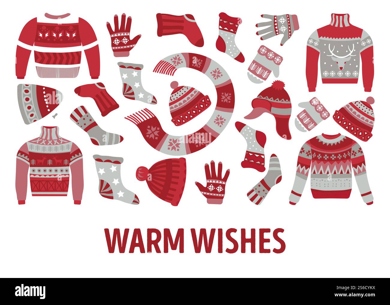 Abiti e maglieria invernali, motivi natalizi, vettore di desideri caldi. Maglione e maglione in lana, sciarpa e cappello, guanti e guanti, calze. Renne e fiocchi di neve, abbigliamento stagionale fatto a mano. Maglieria, abbigliamento e accessori invernali a maglia, maglioni e cappelli Illustrazione Vettoriale