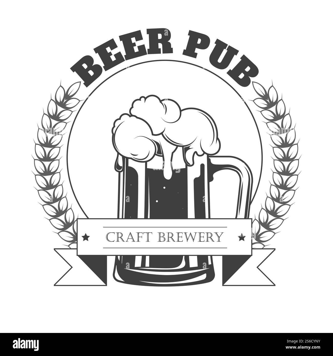 Birreria artigianale, birreria pub o bar icona isolata, tazza con schiuma, bevanda alcolica biologica in tazza vettore. Ingredienti di luppolo e orzo, etichetta di fabbrica, emblema o logo. Produzione, preparazione e degustazione di bevande. Icona isolata del pub della birra, birra artigianale in tazza con schiuma Illustrazione Vettoriale