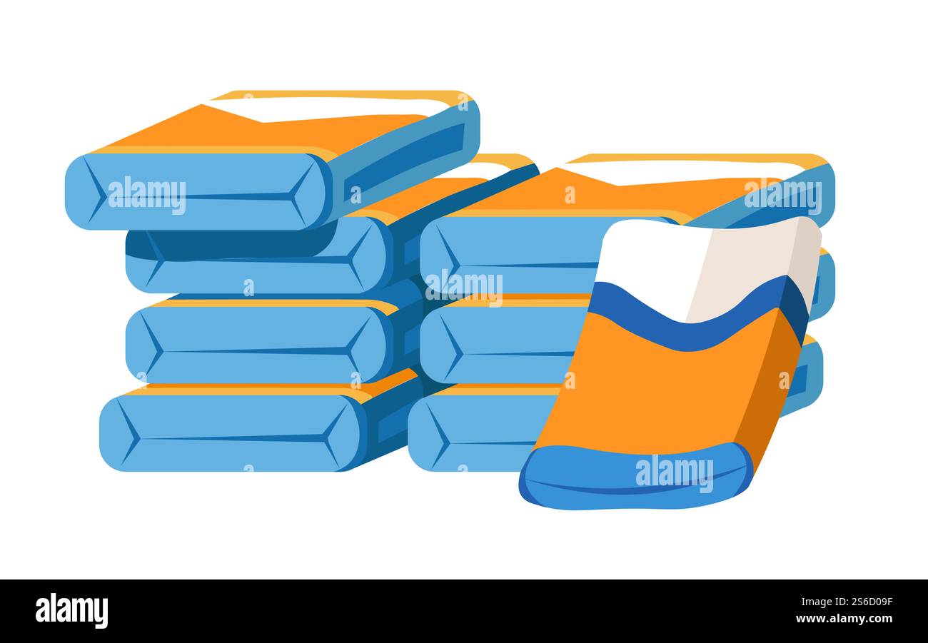 Pali di cemento, i materiali da costruzione impilano il vettore di icone isolato. Cantieri edili, muratura e architettura, calcestruzzo in polvere. Settore dell'architettura, che ospita elementi di preparazione delle fondamenta. Materiali da costruzione in confezioni, confezioni di cemento impilano l'icona isolata Illustrazione Vettoriale